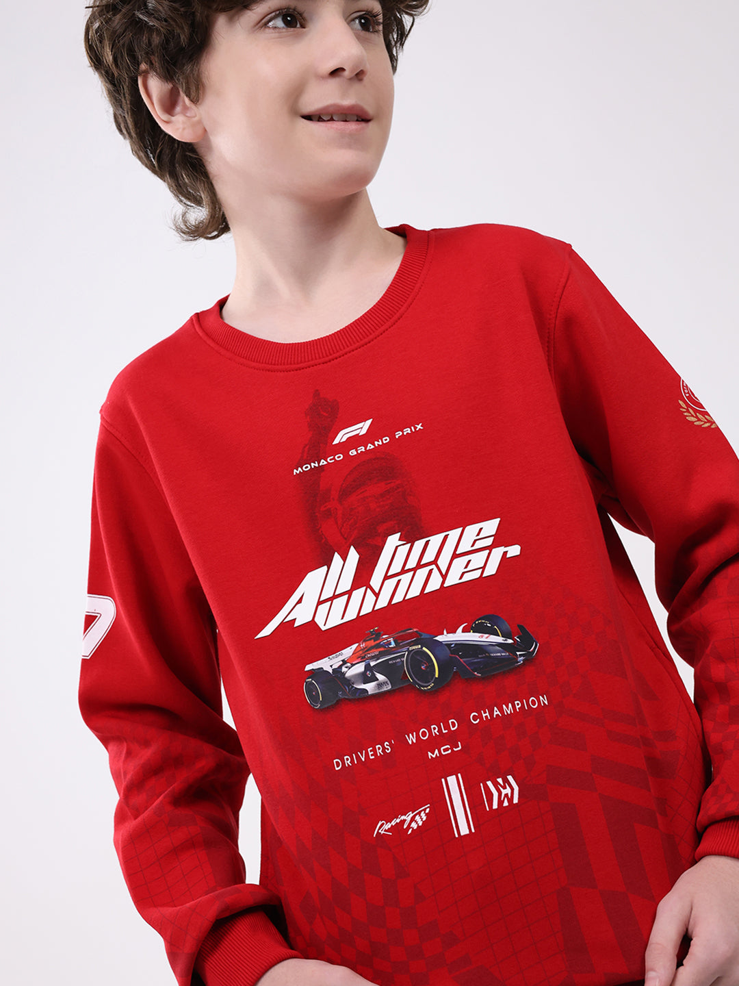 Boys Red Printed Round Neck Full Sleeve Sweatshirt