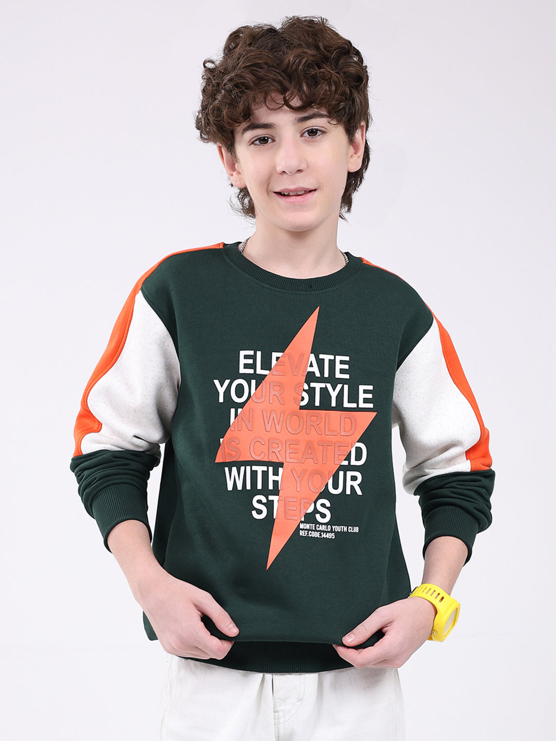 Boys Green Printed Round Neck Full Sleeve Sweatshirt