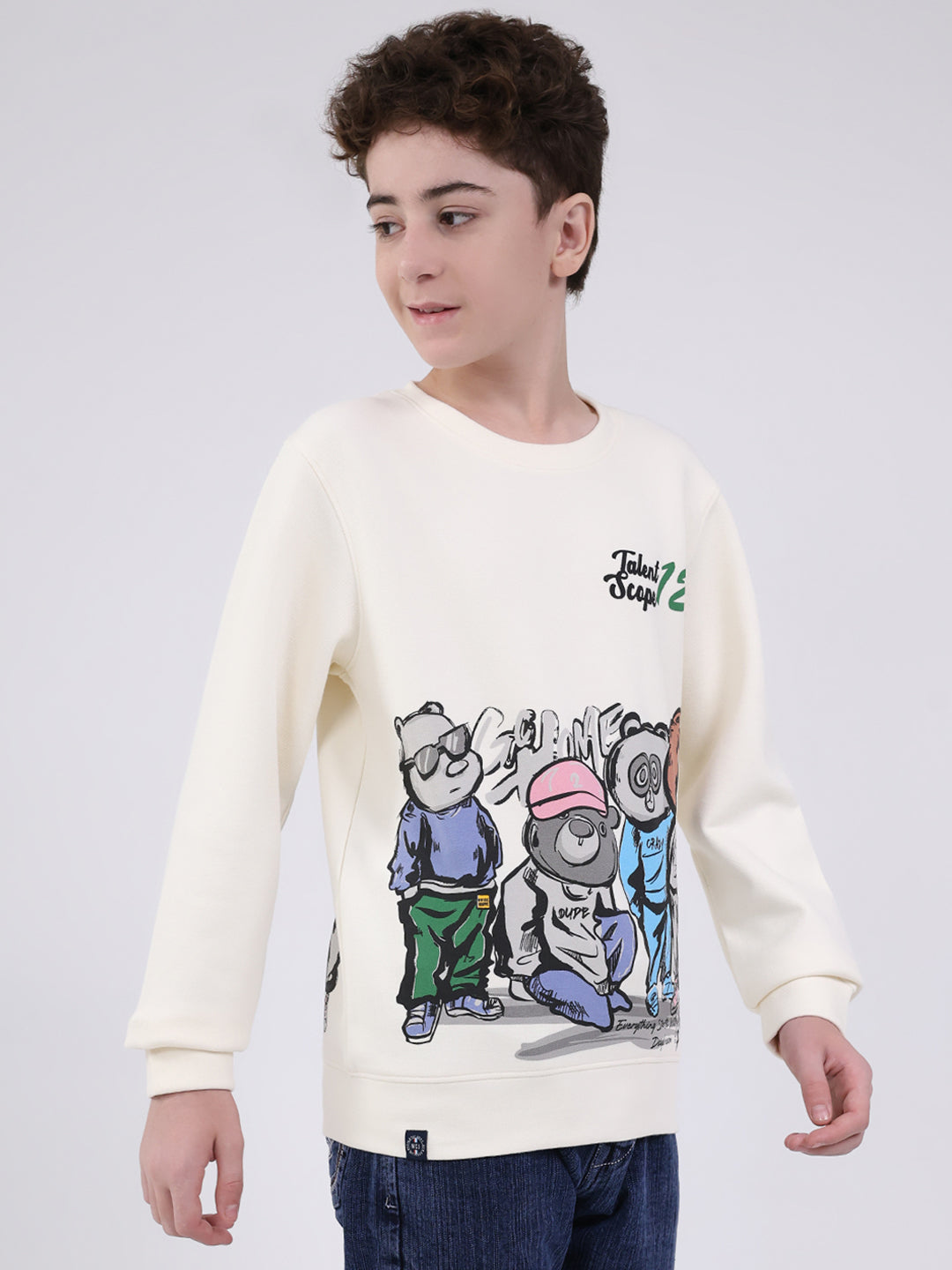 Boys Off White Printed Round Neck Full Sleeve Sweatshirt