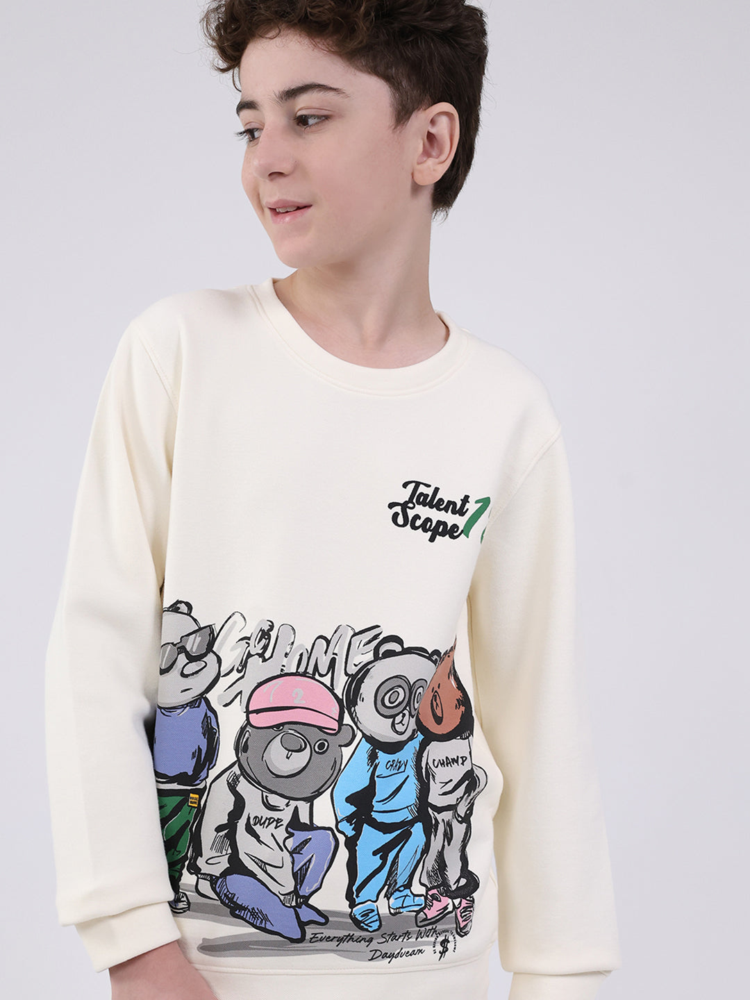 Boys Off White Printed Round Neck Full Sleeve Sweatshirt