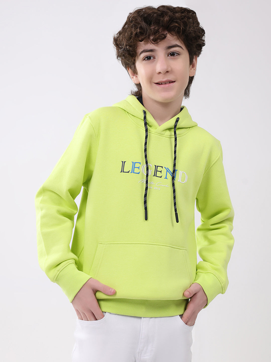Boys Green Printed Hooded Full Sleeve Sweatshirt
