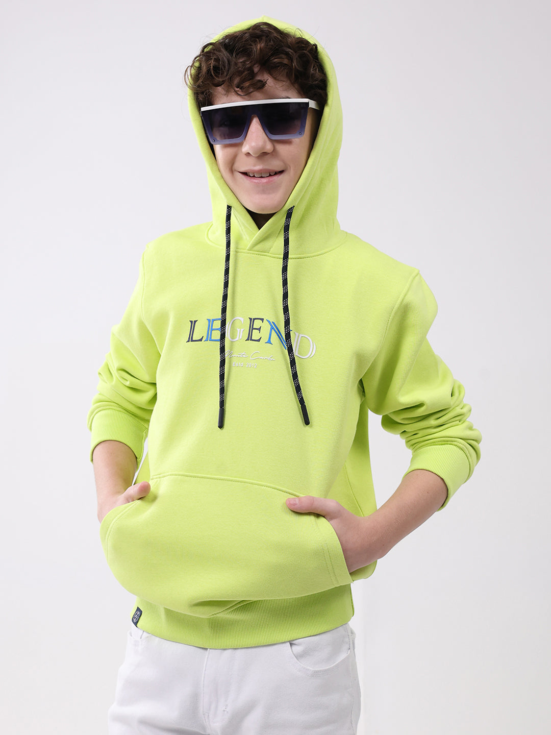 Boys Green Printed Hooded Full Sleeve Sweatshirt