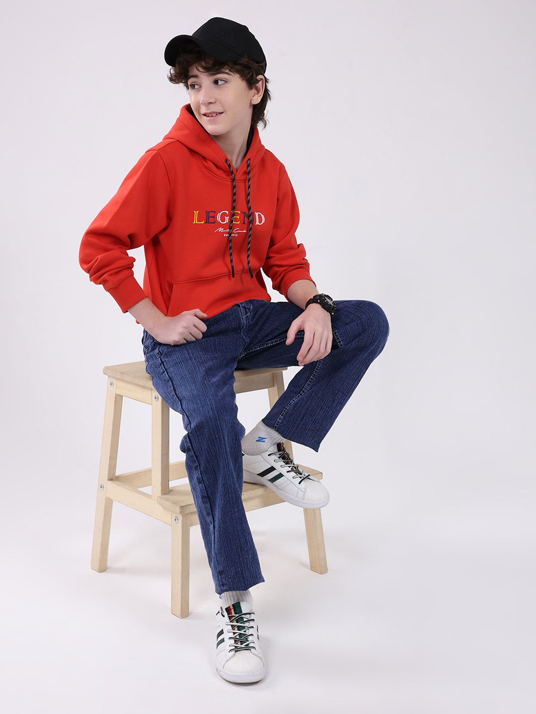 Boys Red Printed Hooded Full Sleeve Sweatshirt