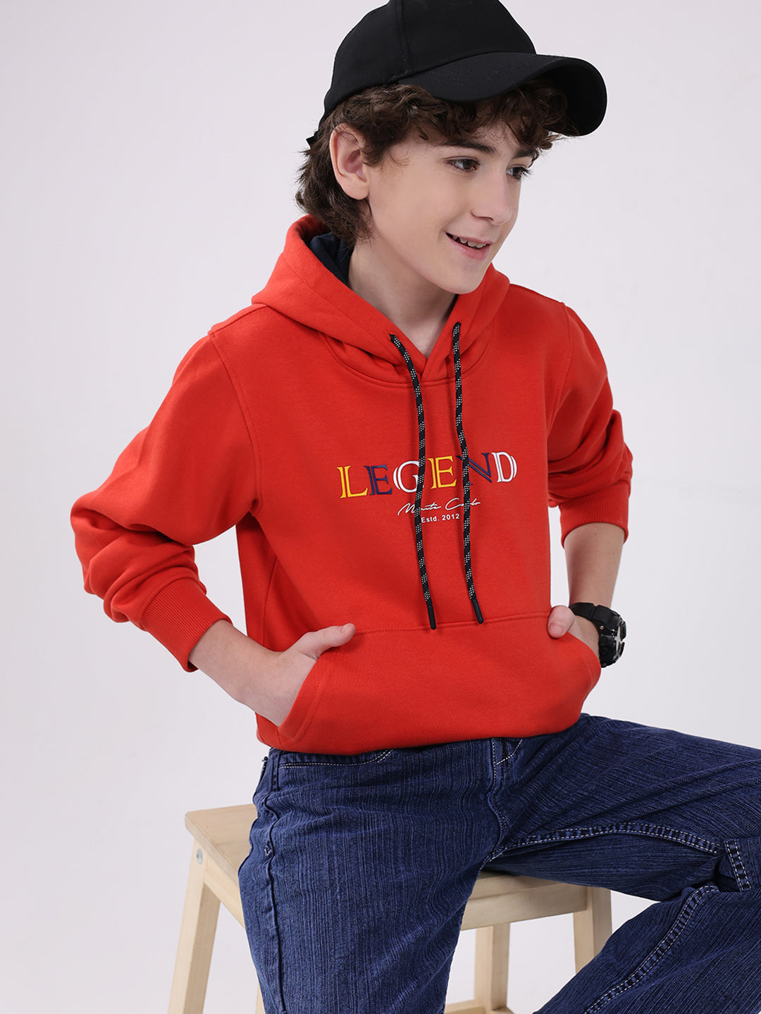 Boys Red Printed Hooded Full Sleeve Sweatshirt