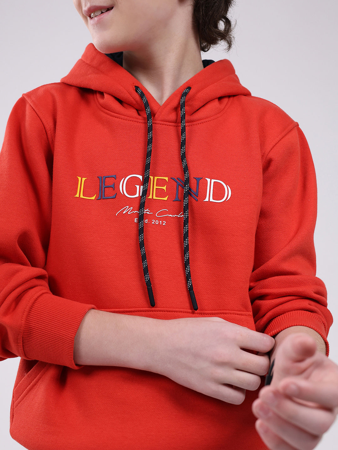 Boys Red Printed Hooded Full Sleeve Sweatshirt
