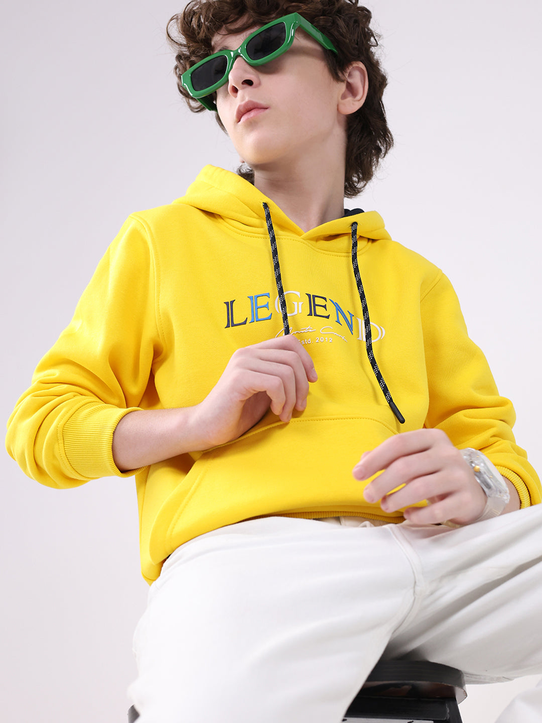 Boys Yellow Printed Hooded Full Sleeve Sweatshirt