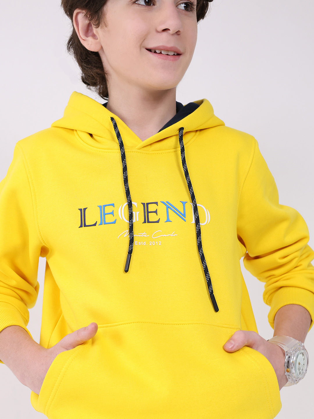 Boys Yellow Printed Hooded Full Sleeve Sweatshirt