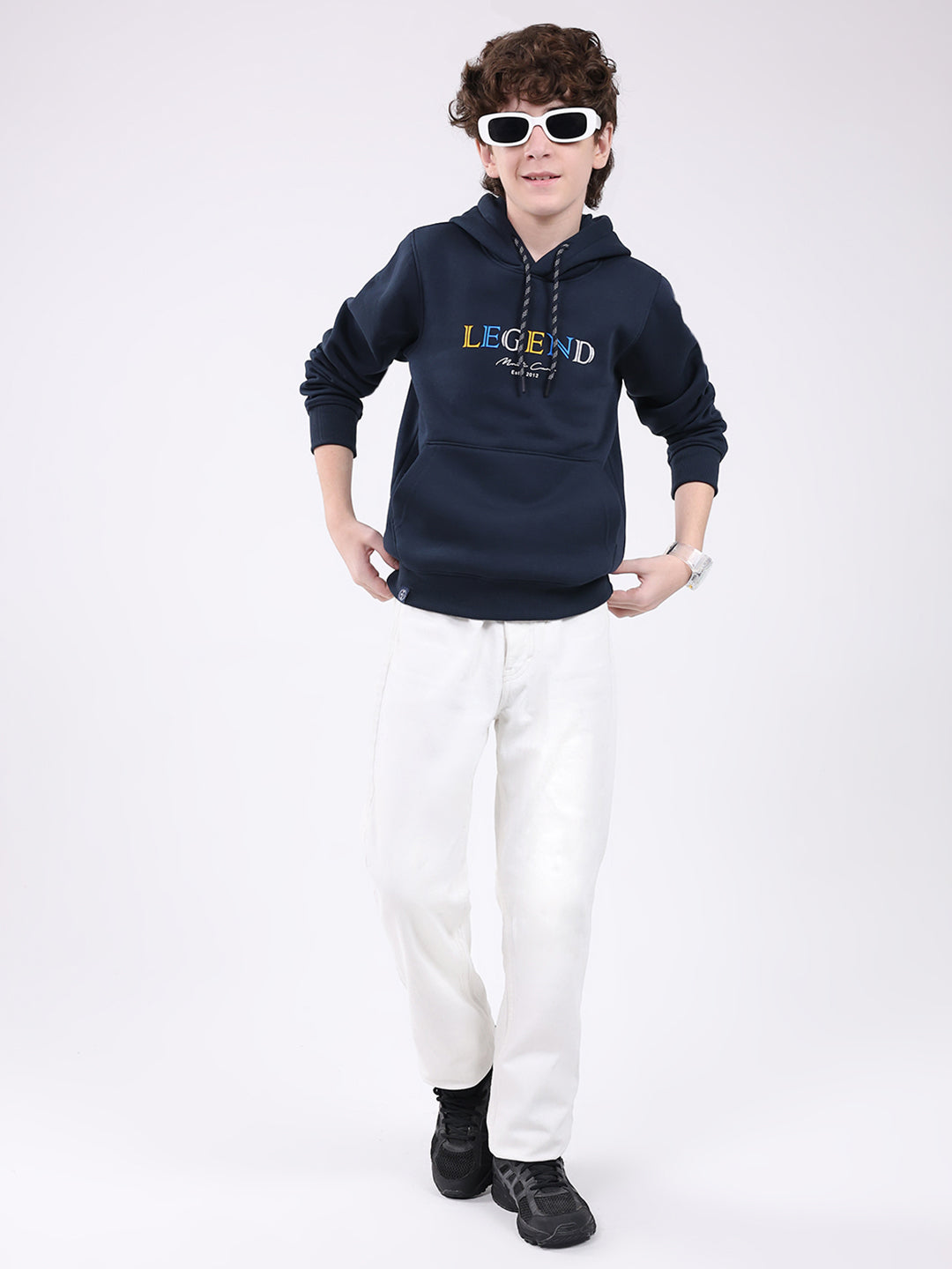 Boys Navy Blue Printed Hooded Full Sleeve Sweatshirt
