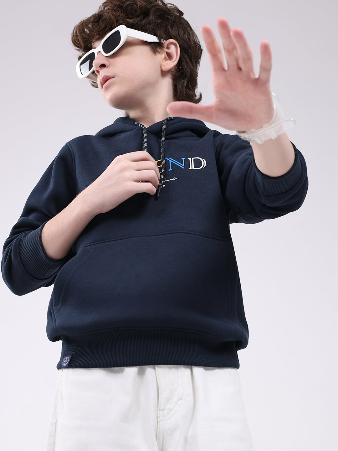 Boys Navy Blue Printed Hooded Full Sleeve Sweatshirt