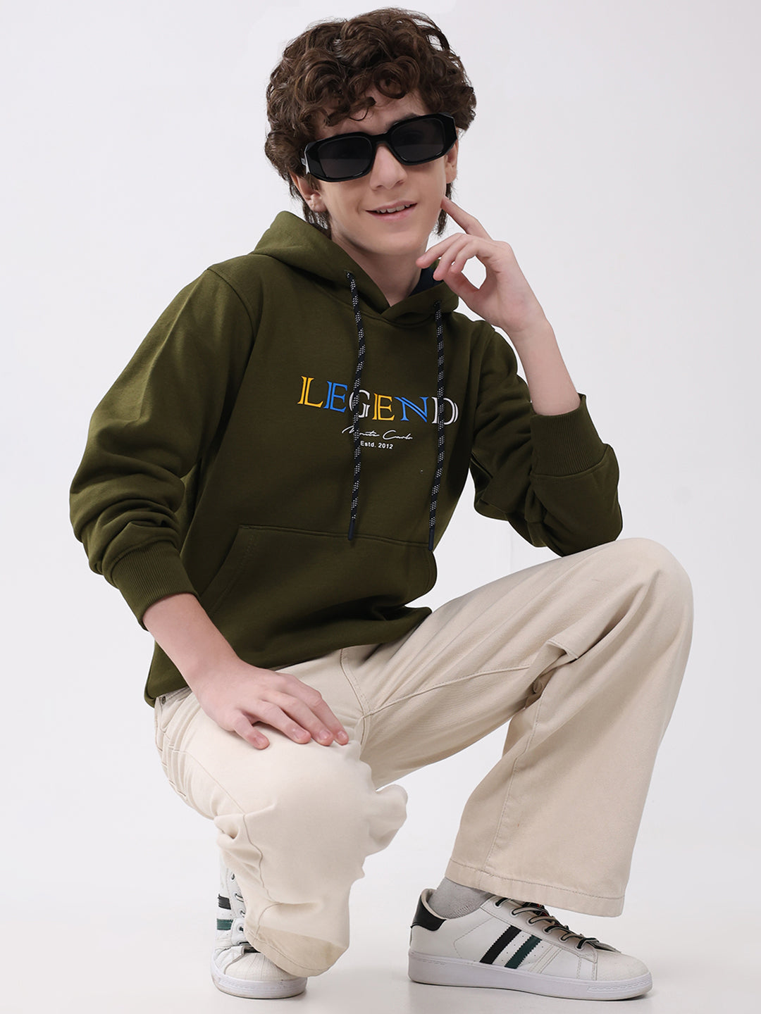 Boys Olive Printed Hooded Full Sleeve Sweatshirt