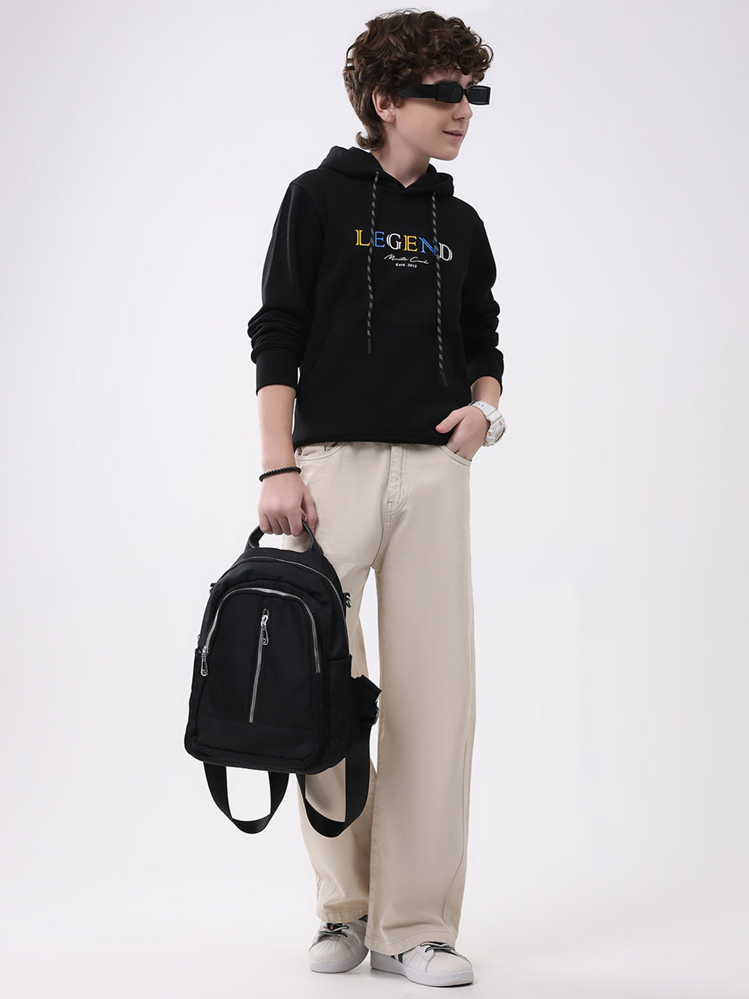 Boys Black Printed Hooded Full Sleeve Sweatshirt