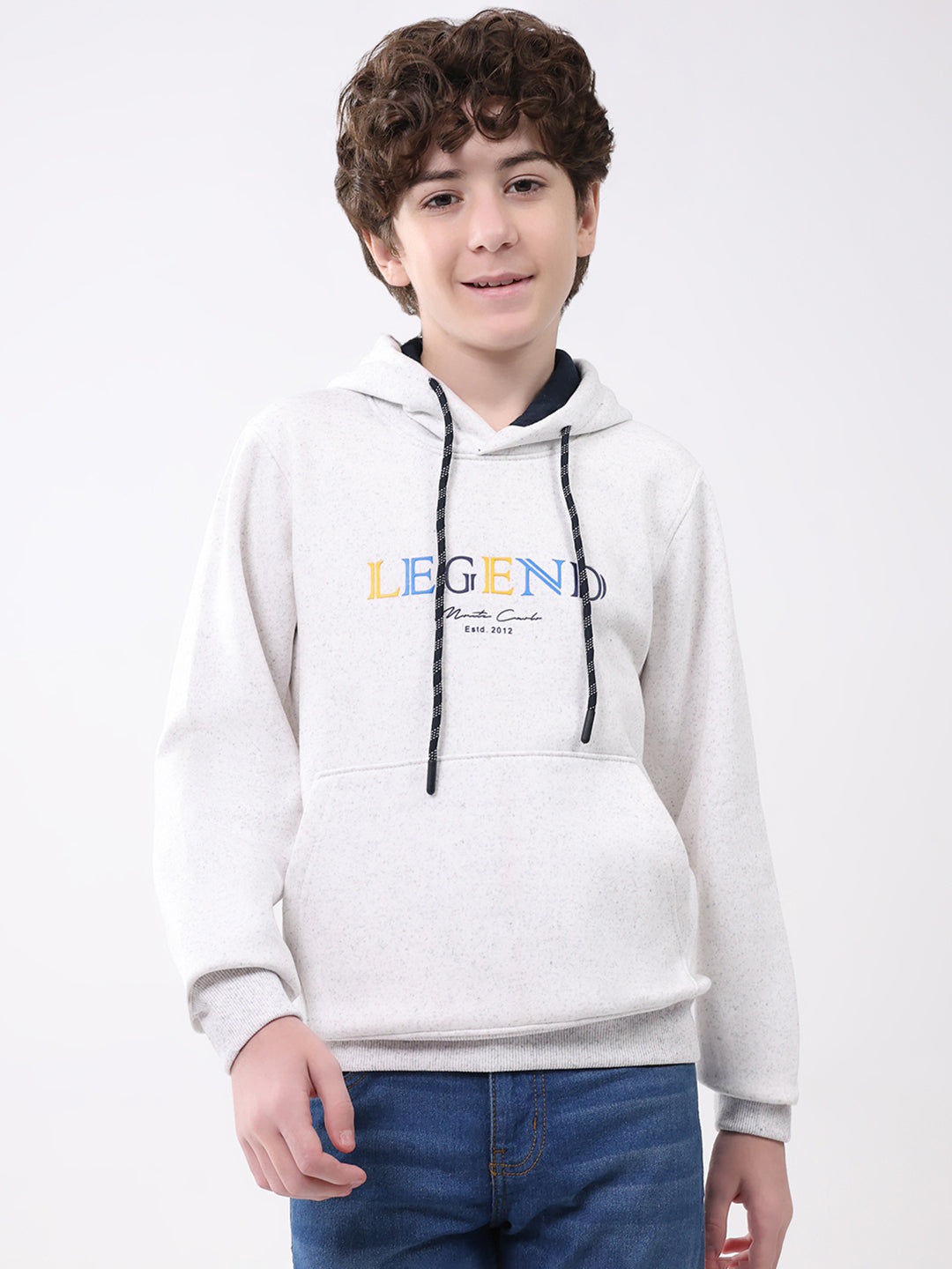 Boys Light Grey Printed Hooded Full Sleeve Sweatshirt