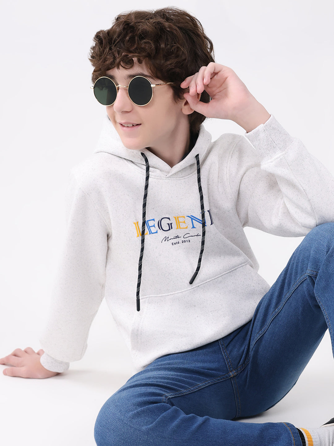 Boys Light Grey Printed Hooded Full Sleeve Sweatshirt
