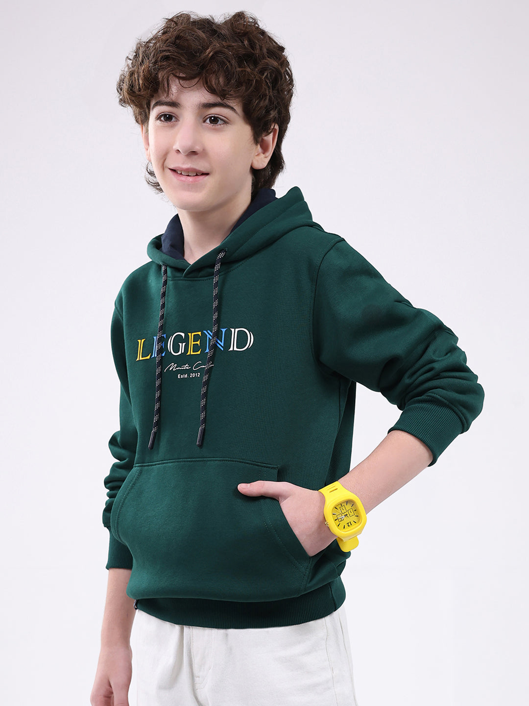 Boys Green Printed Hooded Full Sleeve Sweatshirt