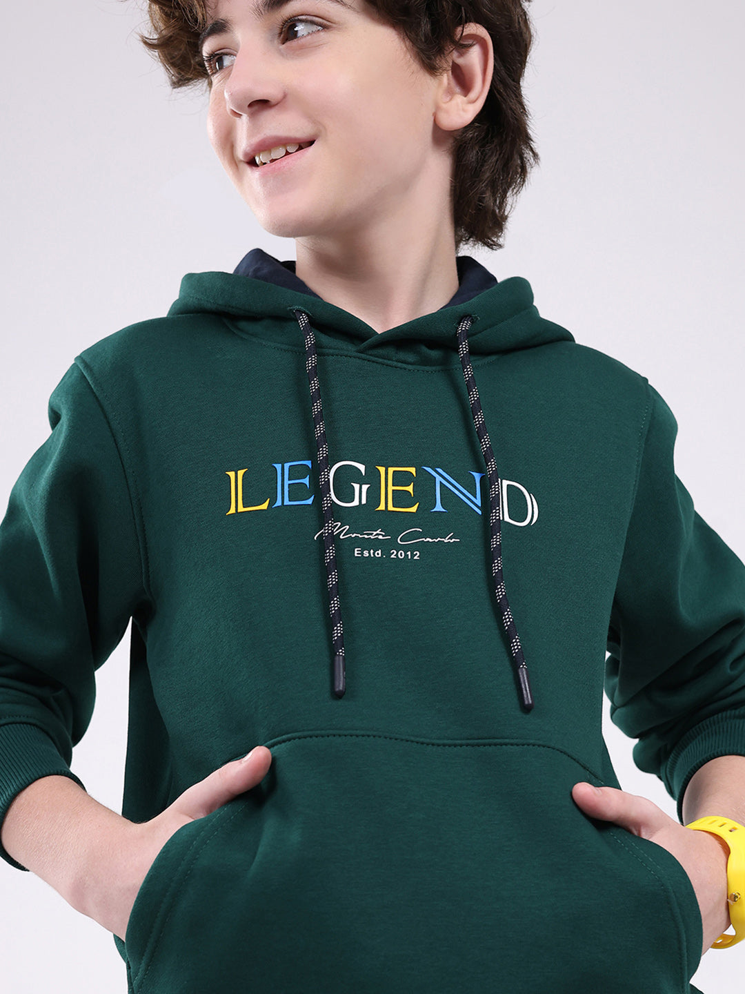 Boys Green Printed Hooded Full Sleeve Sweatshirt