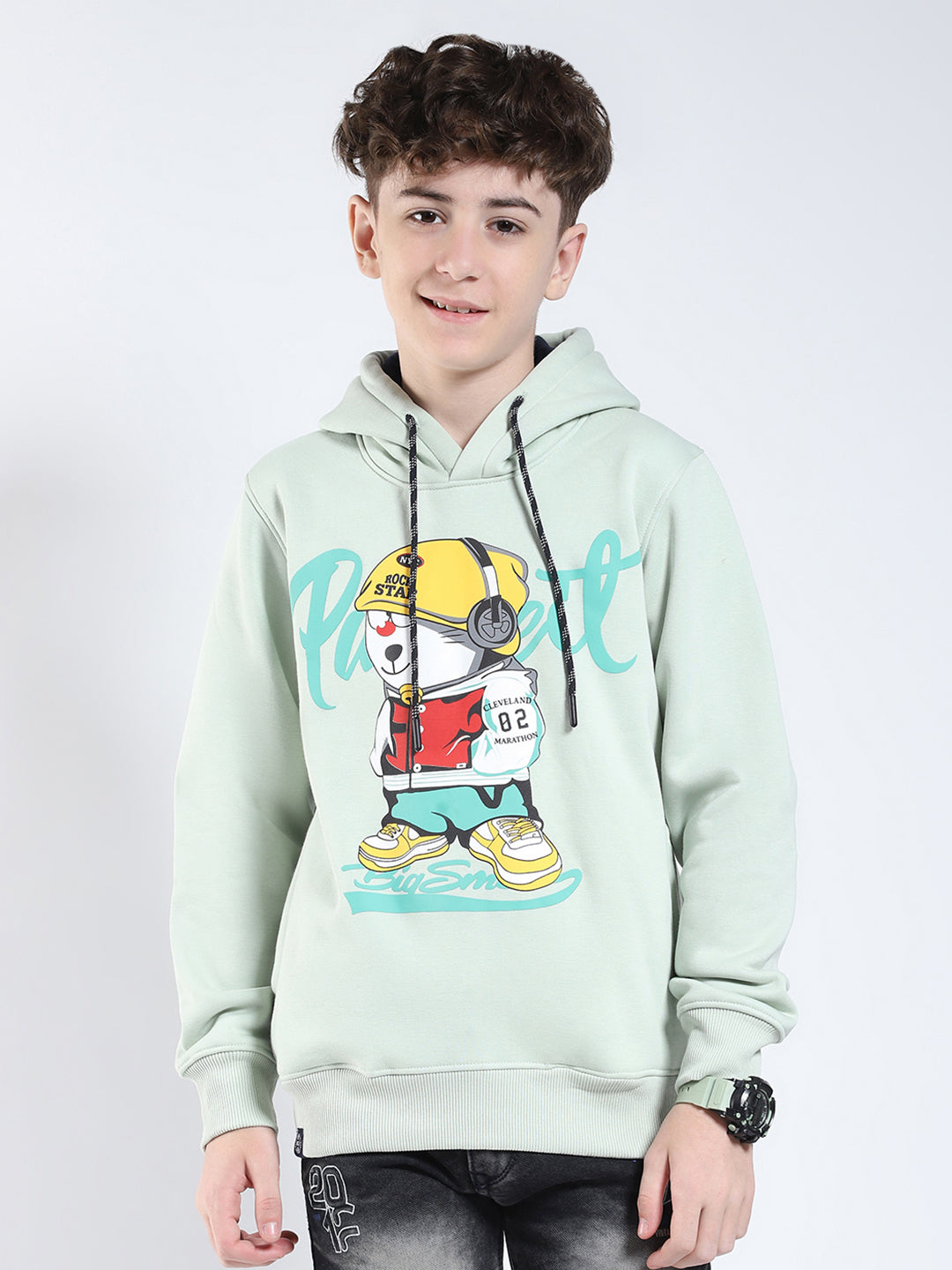 Boys Green Printed Round Neck Full Sleeve Sweatshirt