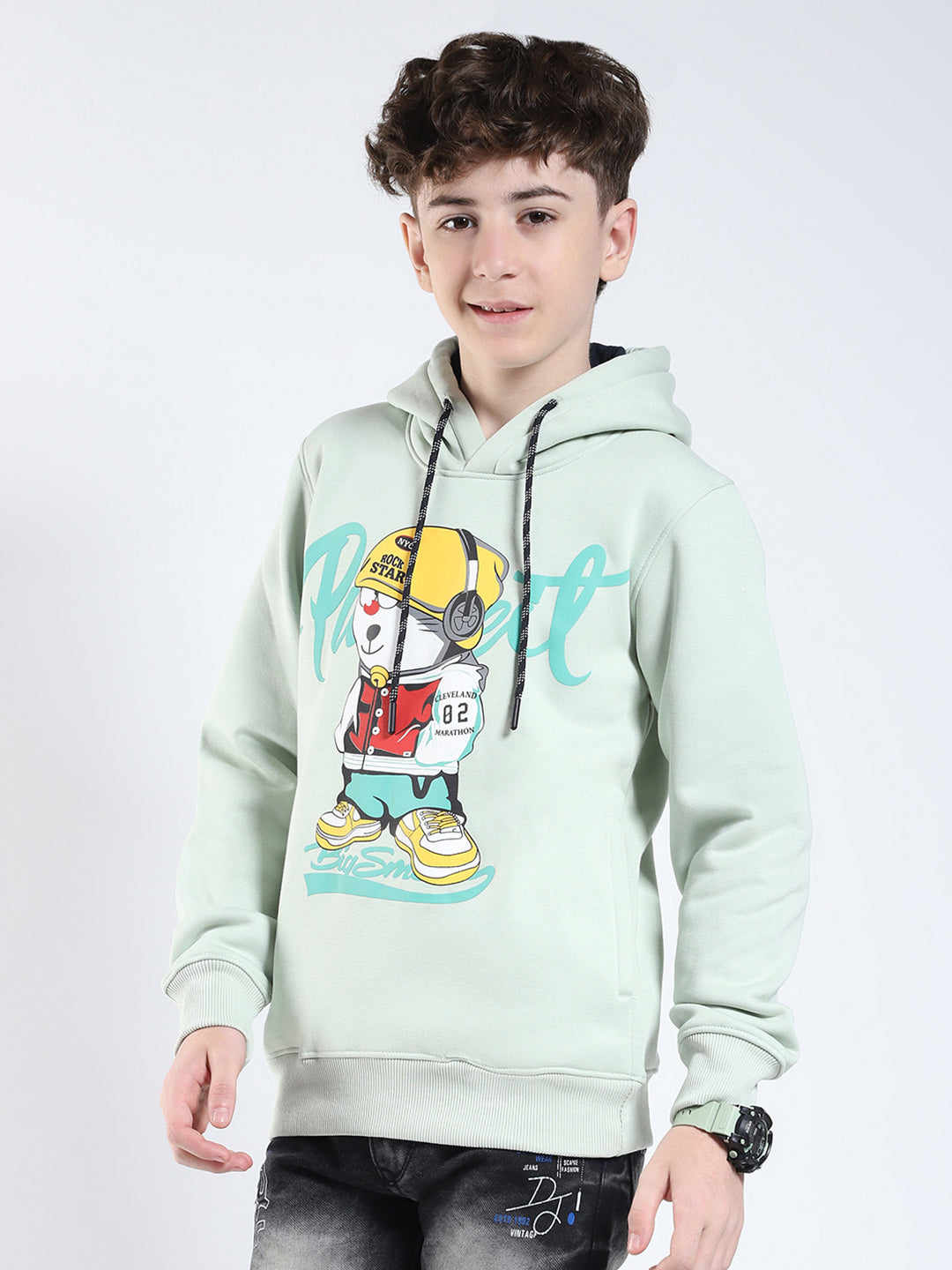 Boys Green Printed Round Neck Full Sleeve Sweatshirt
