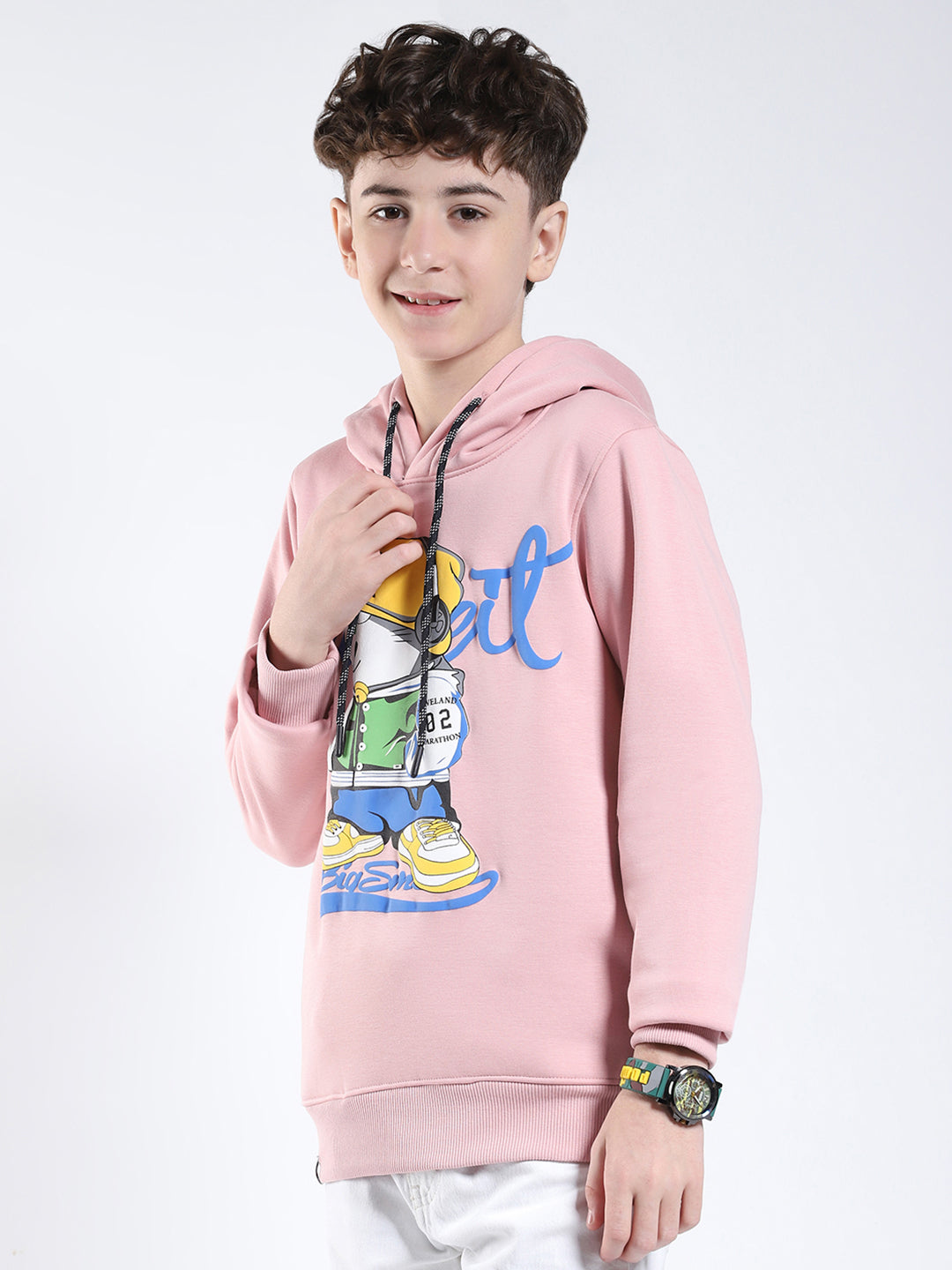 Boys Pink Printed Round Neck Full Sleeve Sweatshirt