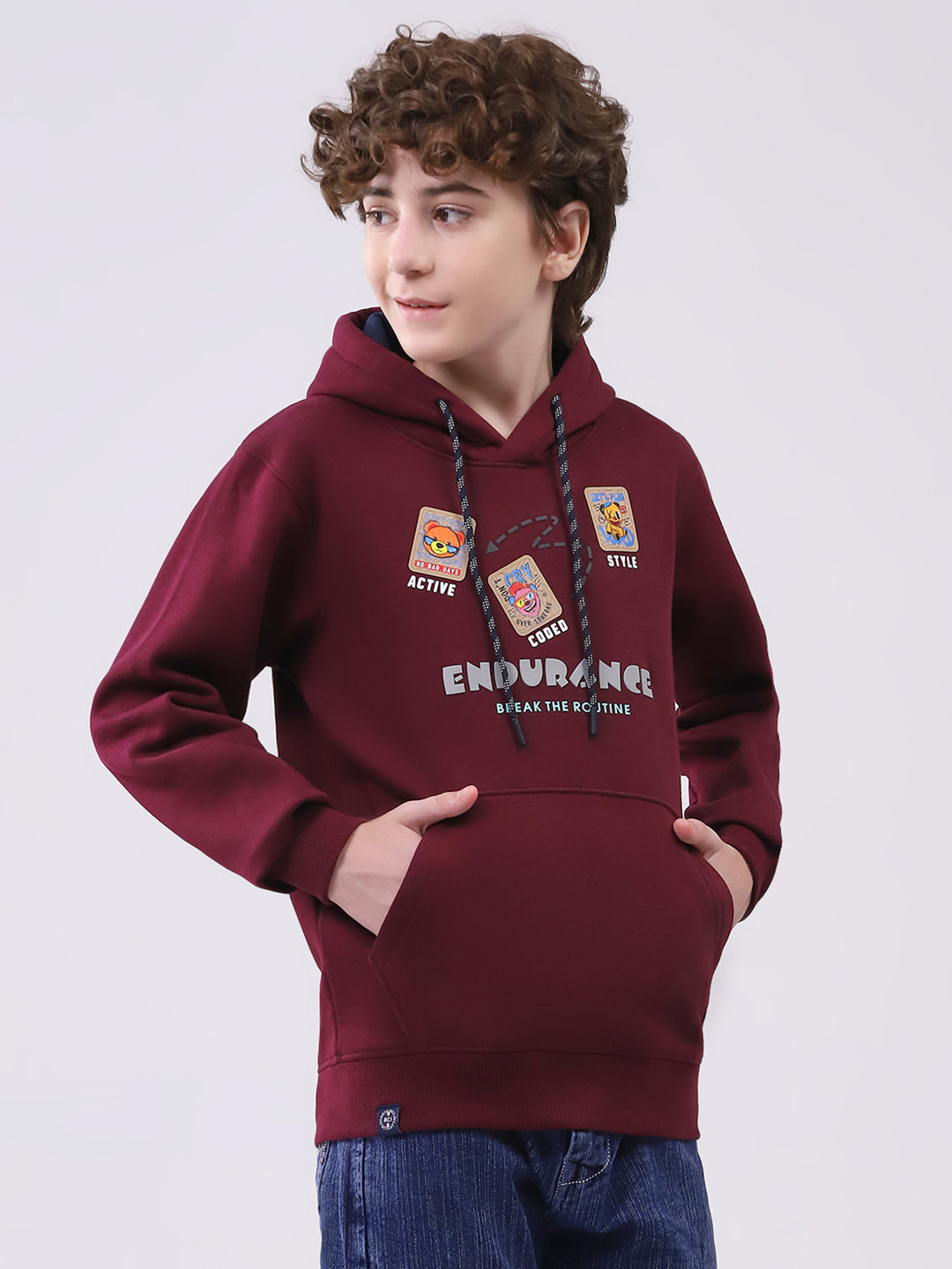 Boys Maroon Printed Hooded Full Sleeve Sweatshirt