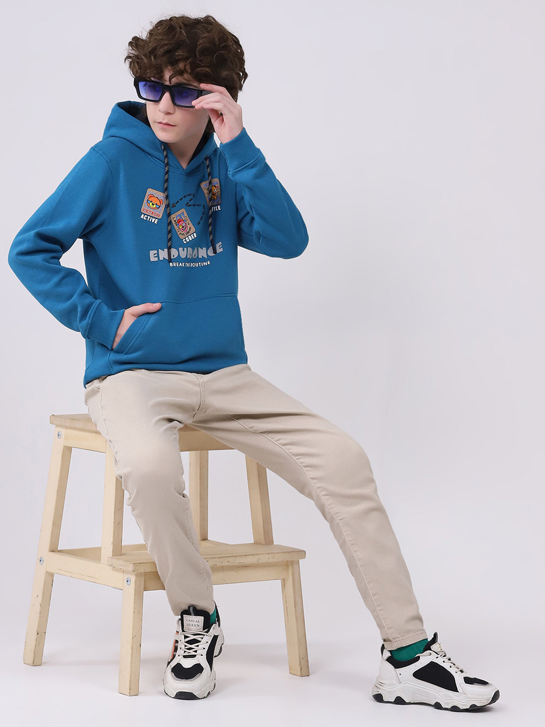 Boys Teal Blue Printed Hooded Full Sleeve Sweatshirt