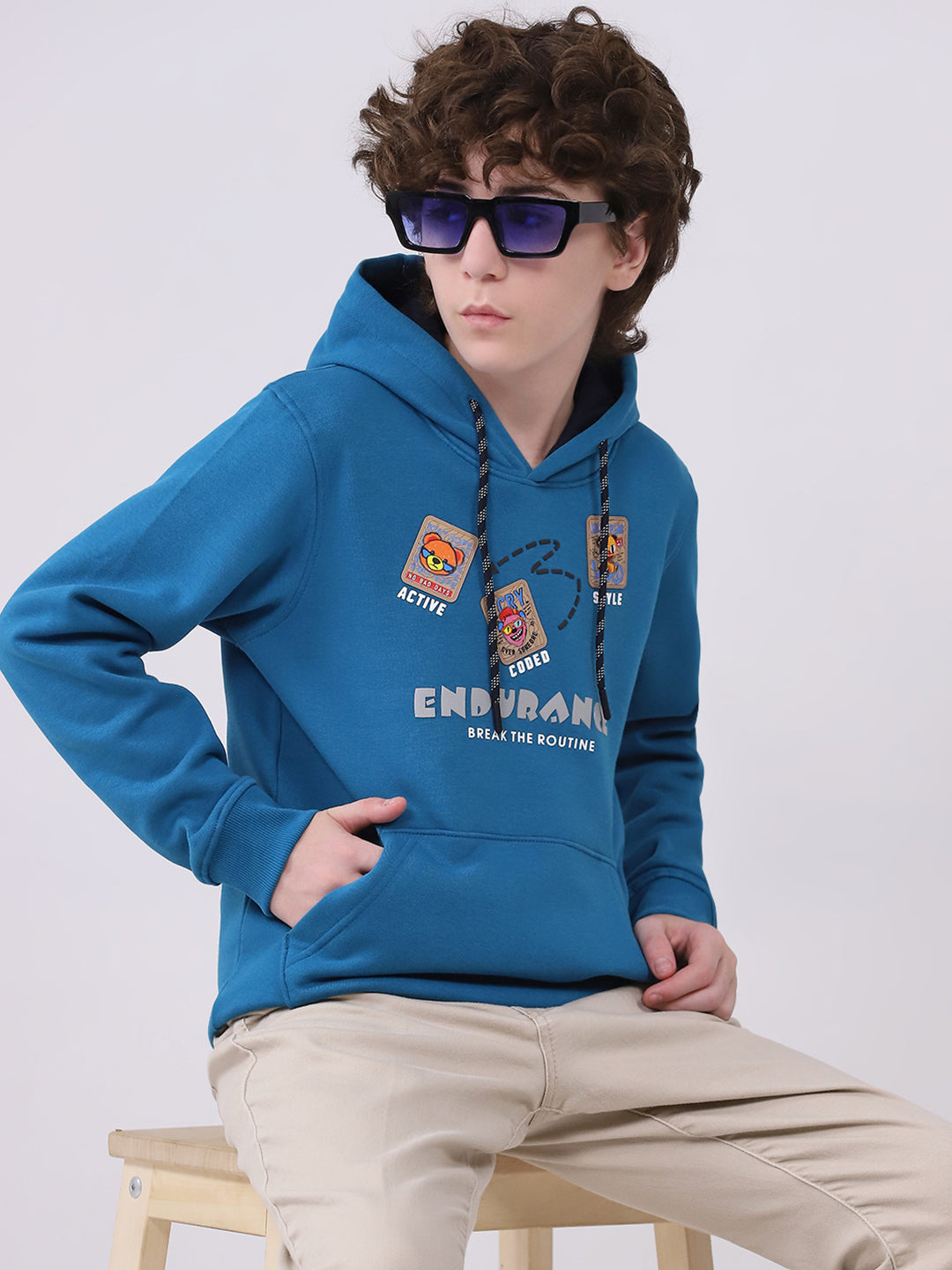 Boys Teal Blue Printed Hooded Full Sleeve Sweatshirt