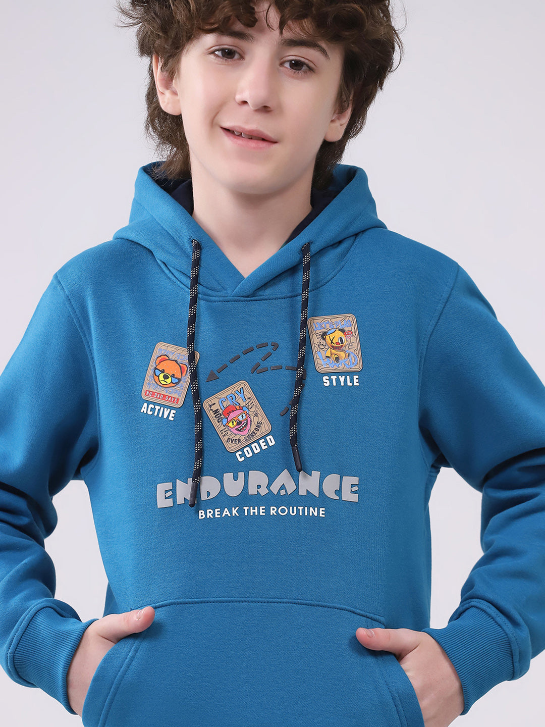 Boys Teal Blue Printed Hooded Full Sleeve Sweatshirt
