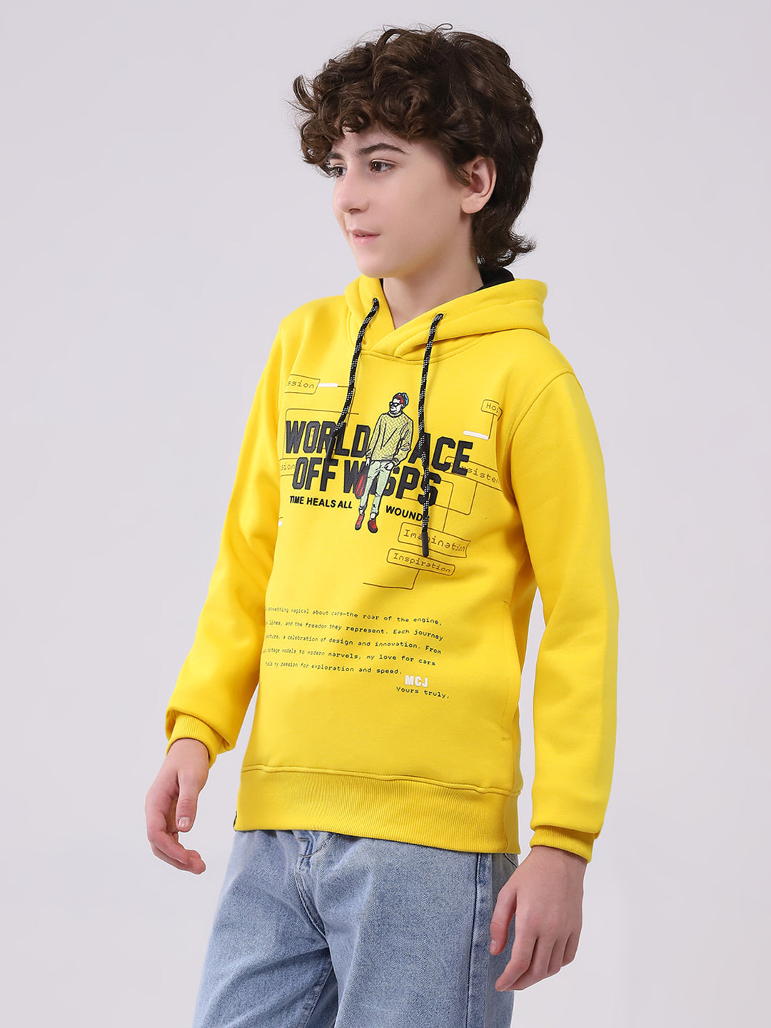 Boys Mustard Printed Hooded Full Sleeve Sweatshirt