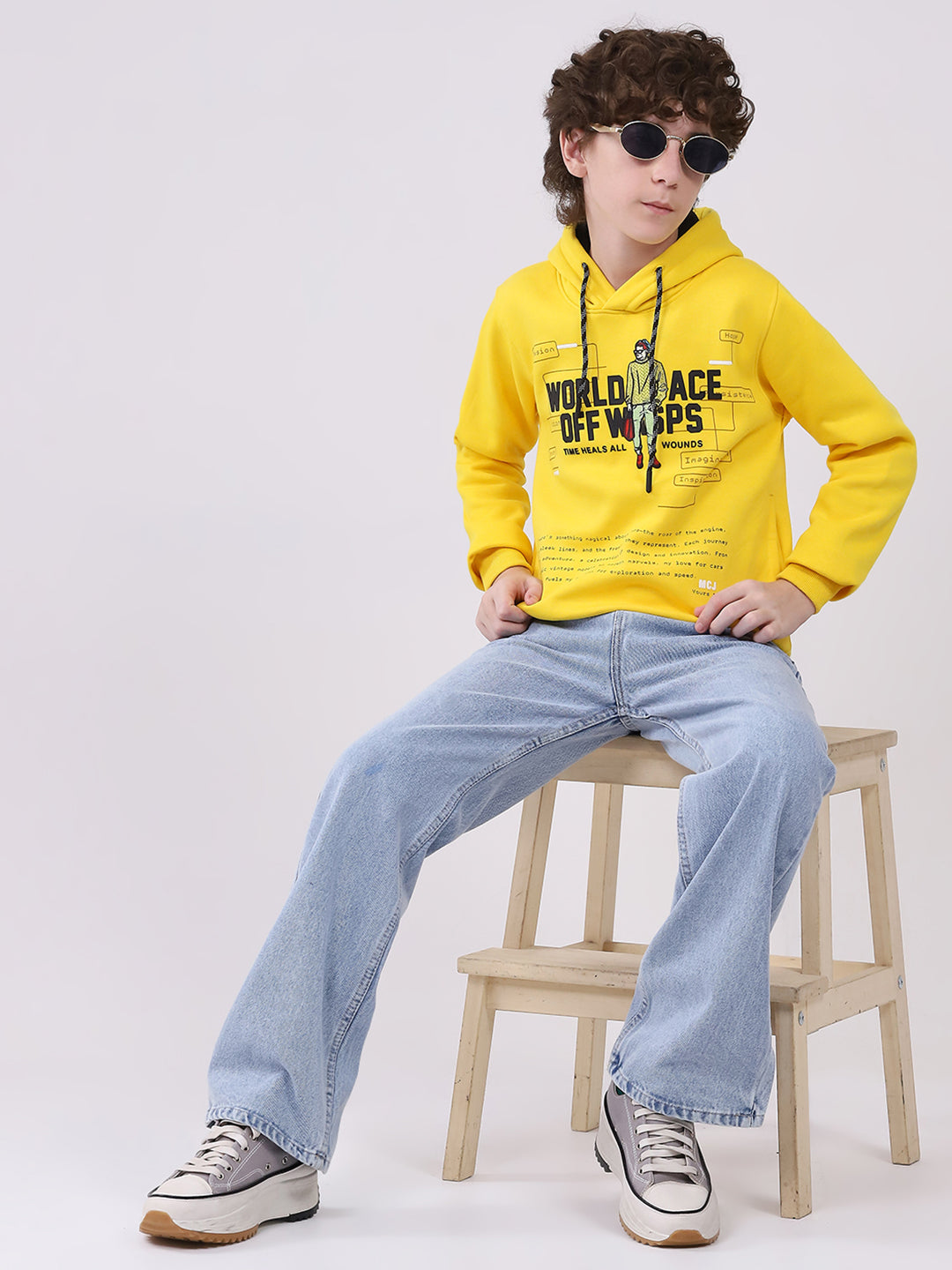 Boys Mustard Printed Hooded Full Sleeve Sweatshirt