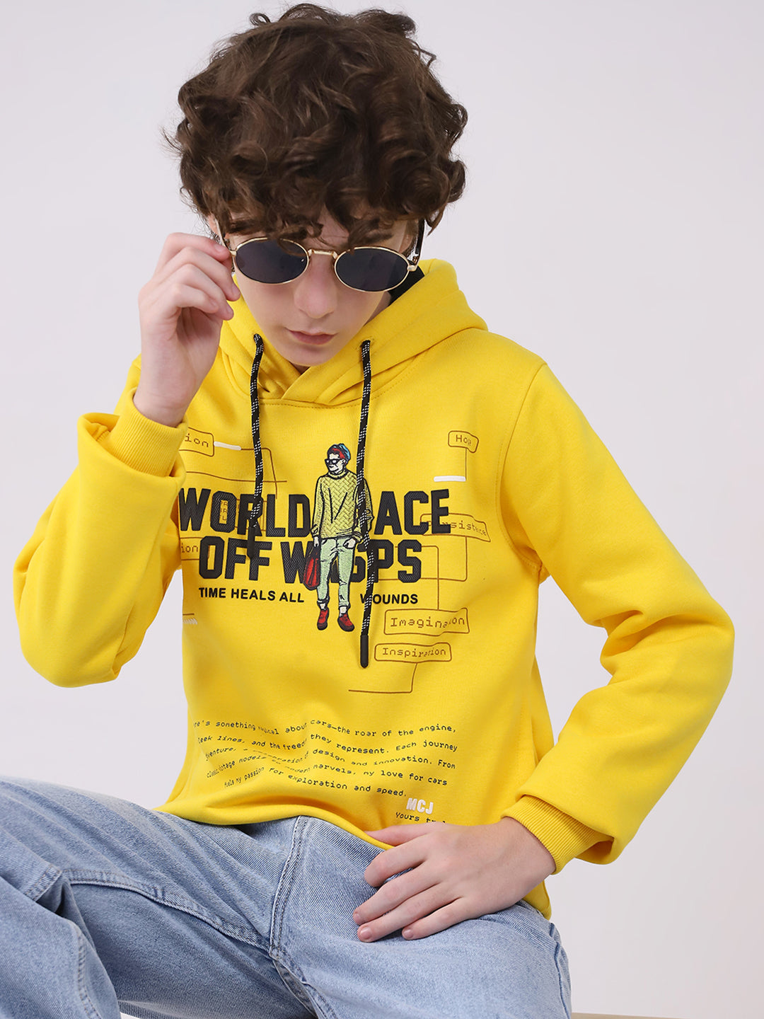 Boys Mustard Printed Hooded Full Sleeve Sweatshirt