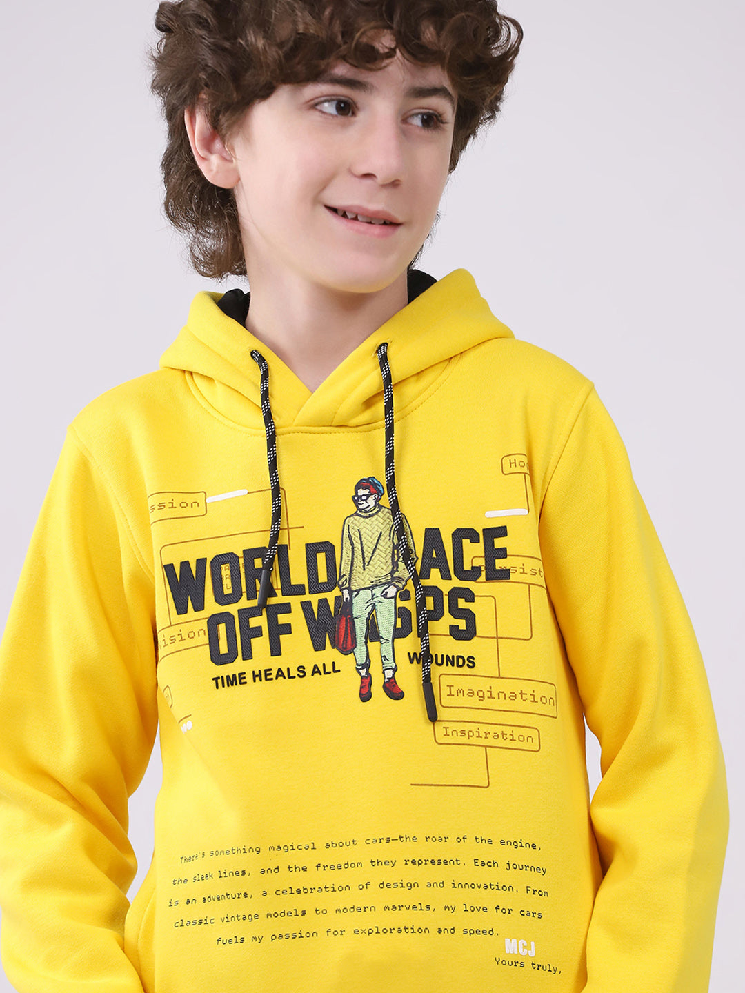 Boys Mustard Printed Hooded Full Sleeve Sweatshirt