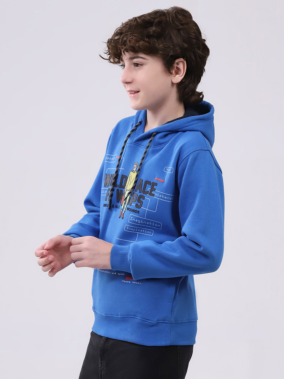 Boys Blue Printed Hooded Full Sleeve Sweatshirt