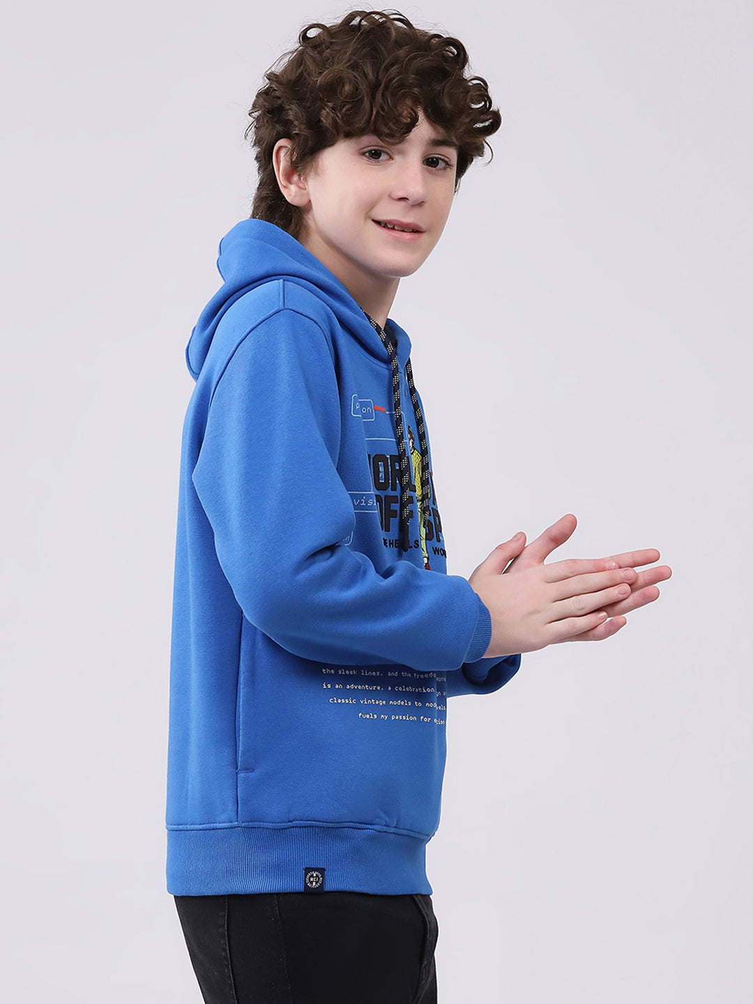 Boys Blue Printed Hooded Full Sleeve Sweatshirt
