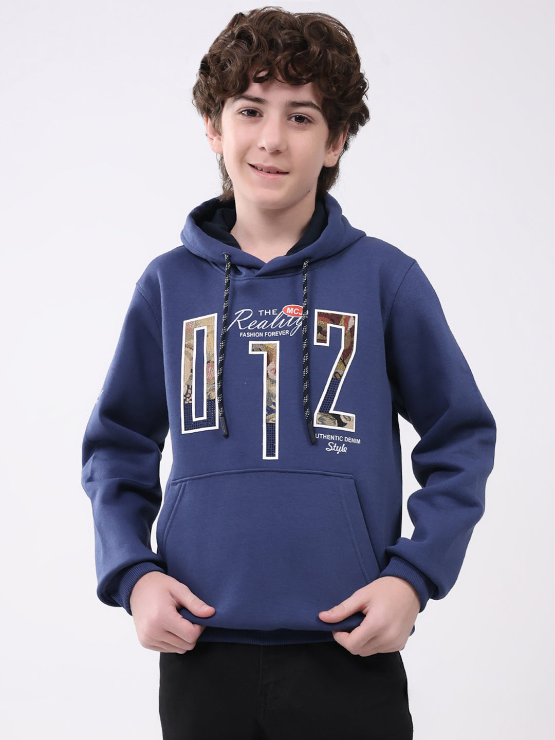 Boys Blue Printed Hooded Full Sleeve Sweatshirt