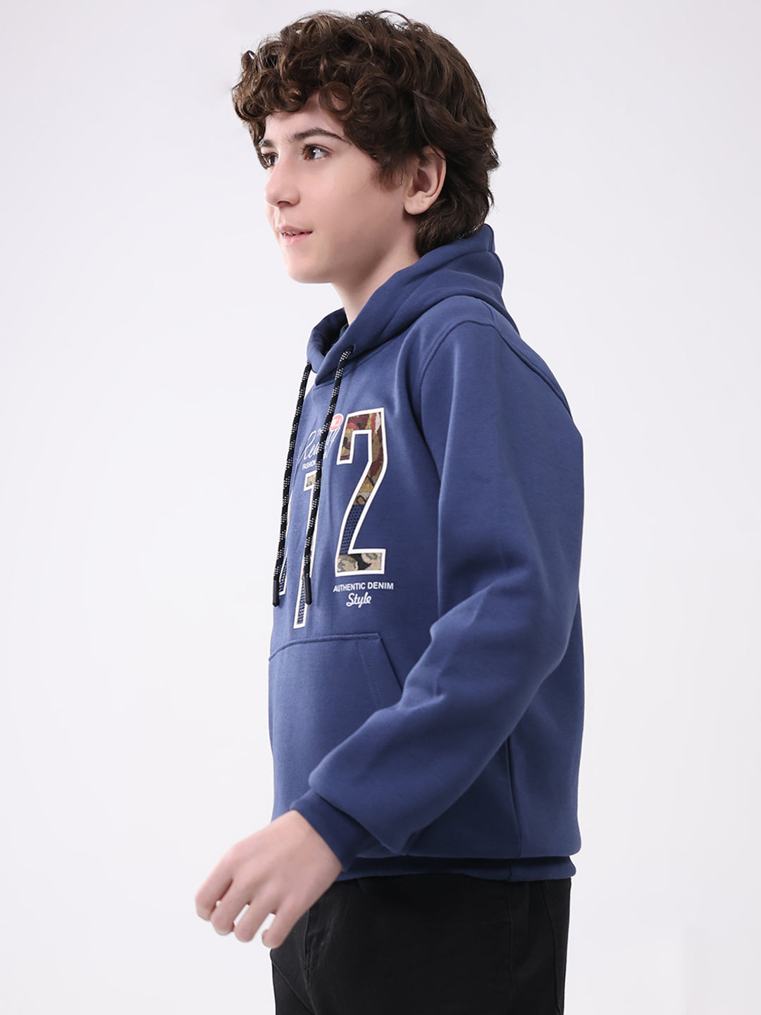 Boys Blue Printed Hooded Full Sleeve Sweatshirt