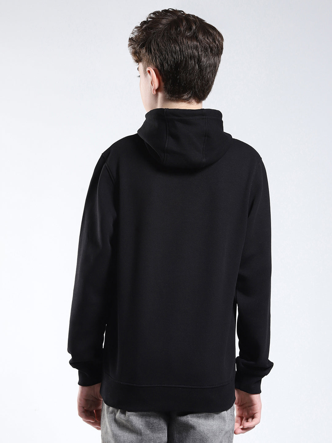 Boys Black Printed Hooded Full Sleeve Sweatshirt