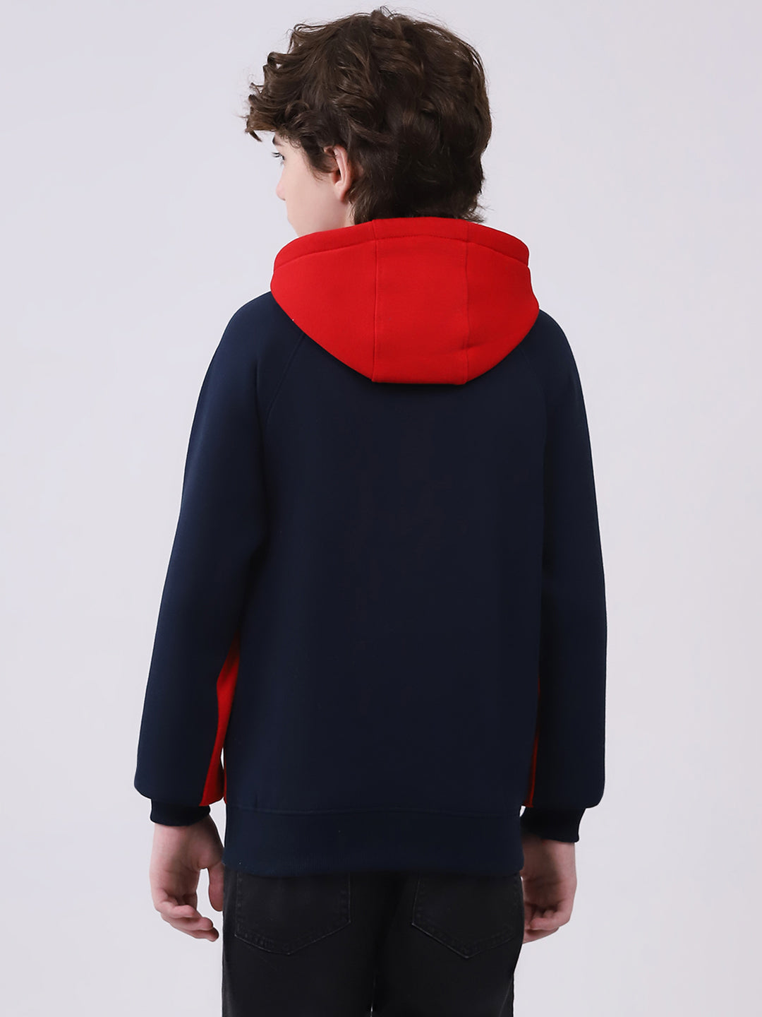 Boys Navy Blue Printed Hooded Full Sleeve Sweatshirt