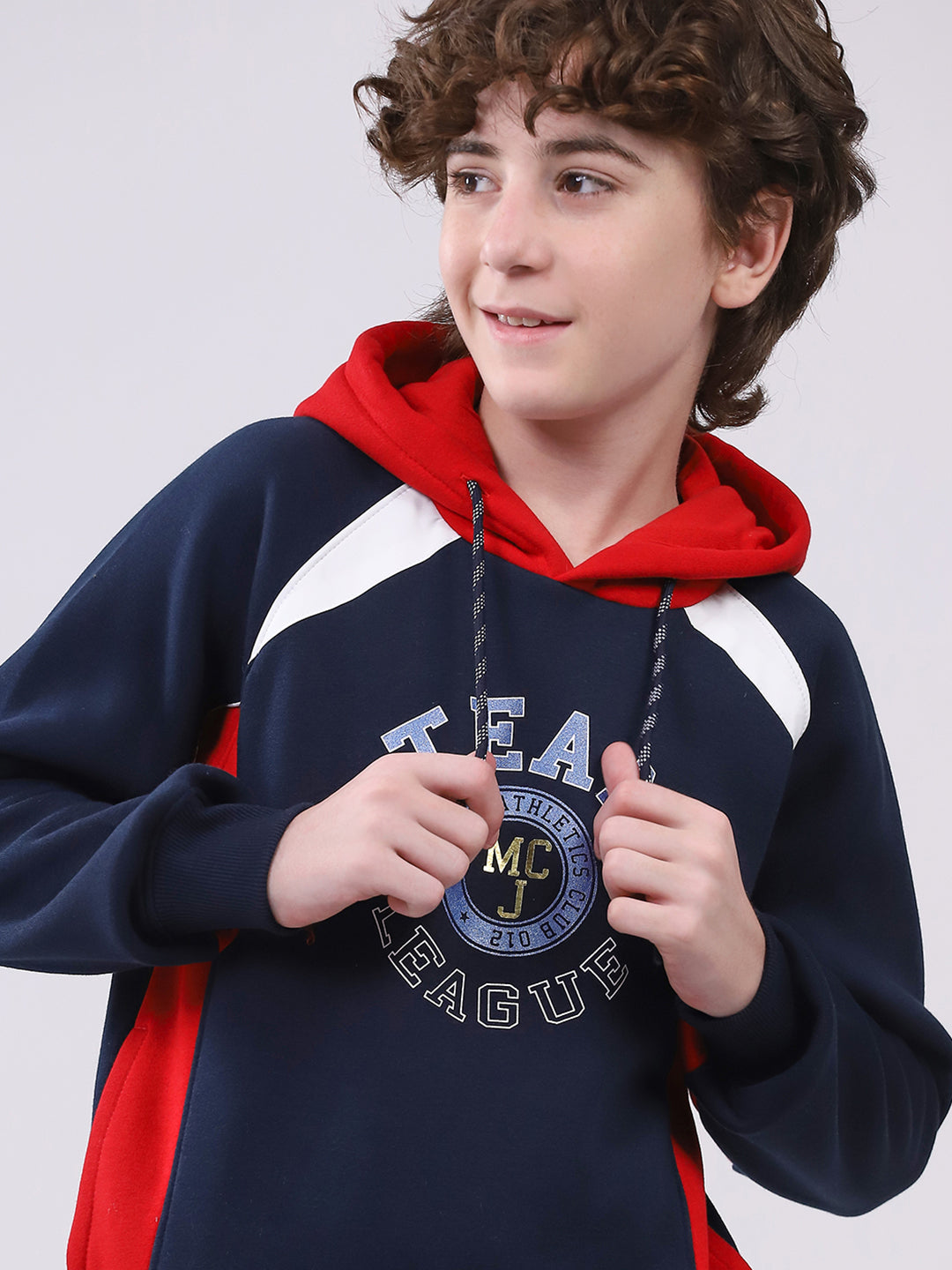 Boys Navy Blue Printed Hooded Full Sleeve Sweatshirt