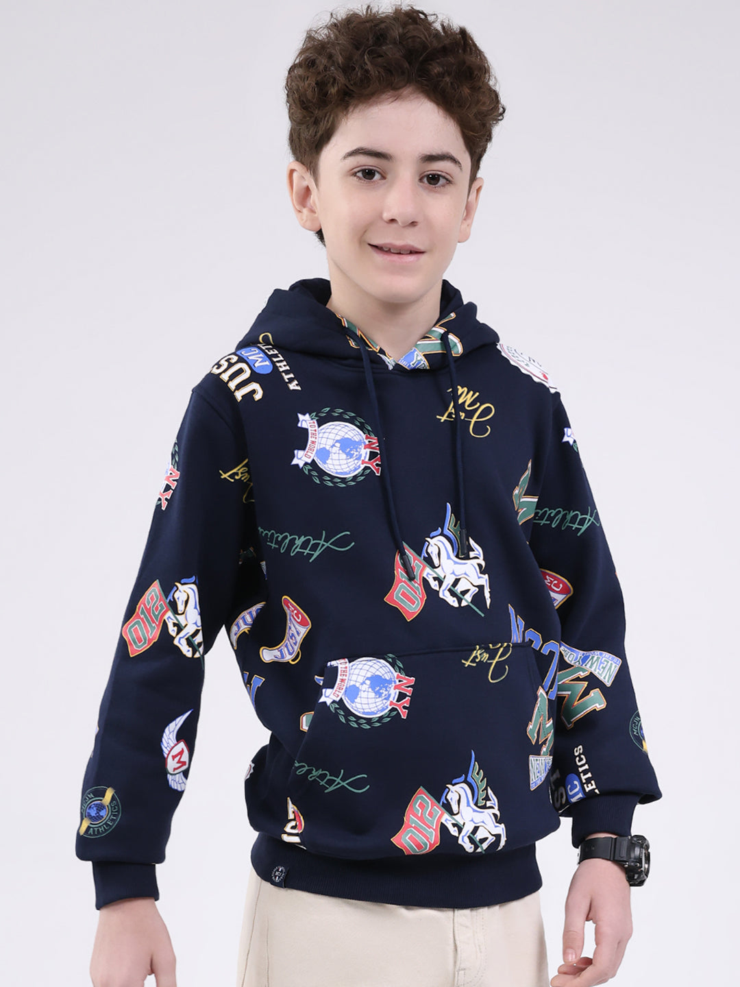 Boys Navy Blue Printed Round Neck Full Sleeve Sweatshirt