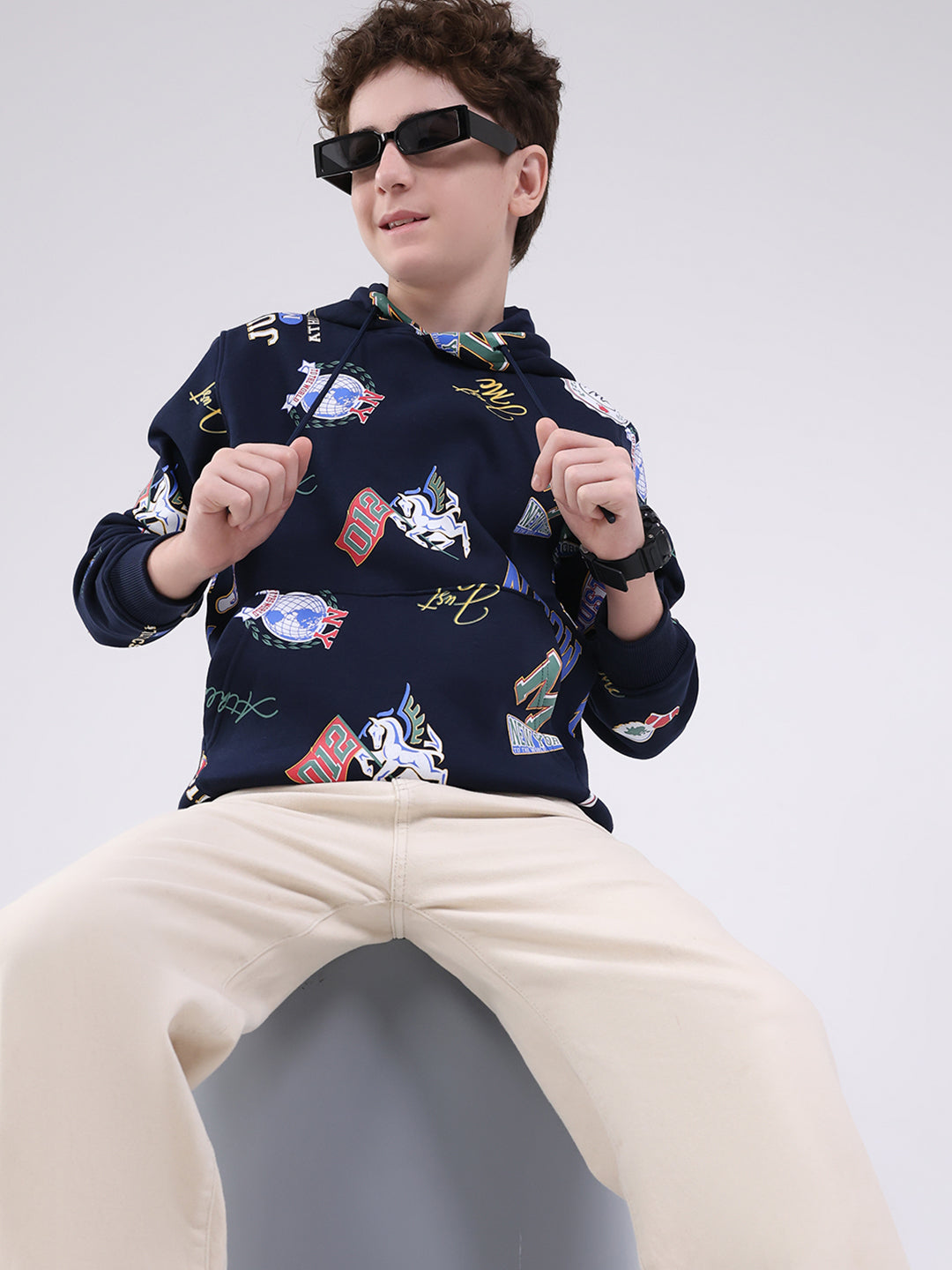 Boys Navy Blue Printed Round Neck Full Sleeve Sweatshirt