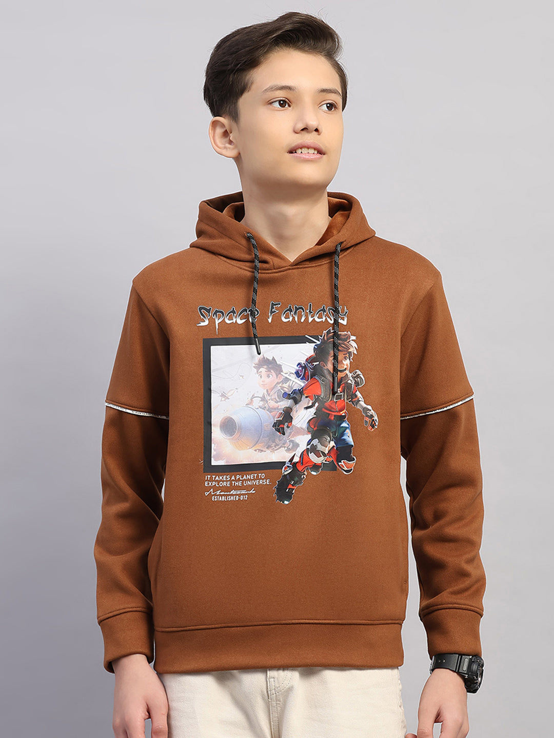 Boys Brown Printed Round Neck Full Sleeve Sweatshirt
