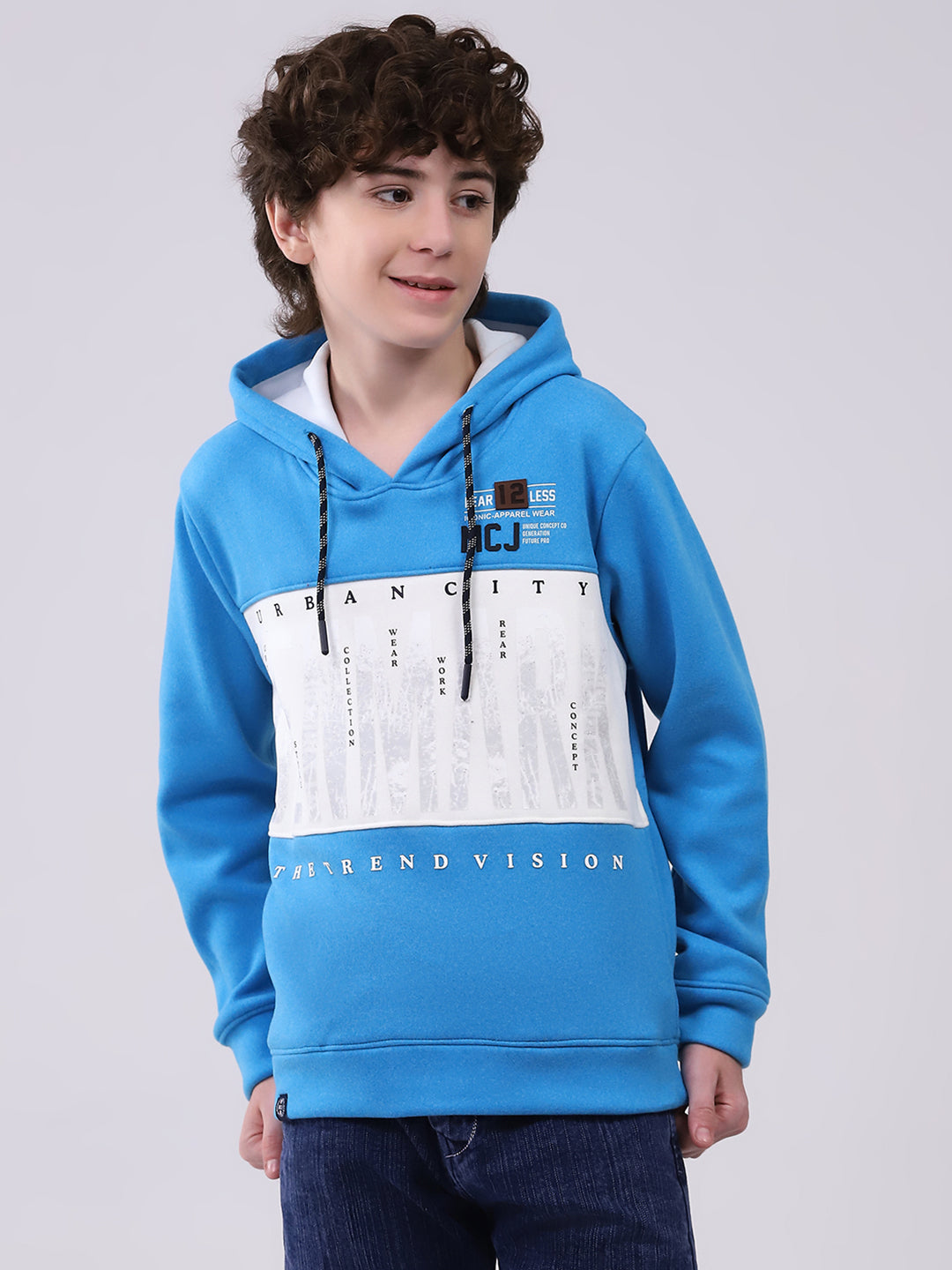 Boys Blue Printed Hooded Full Sleeve Sweatshirt