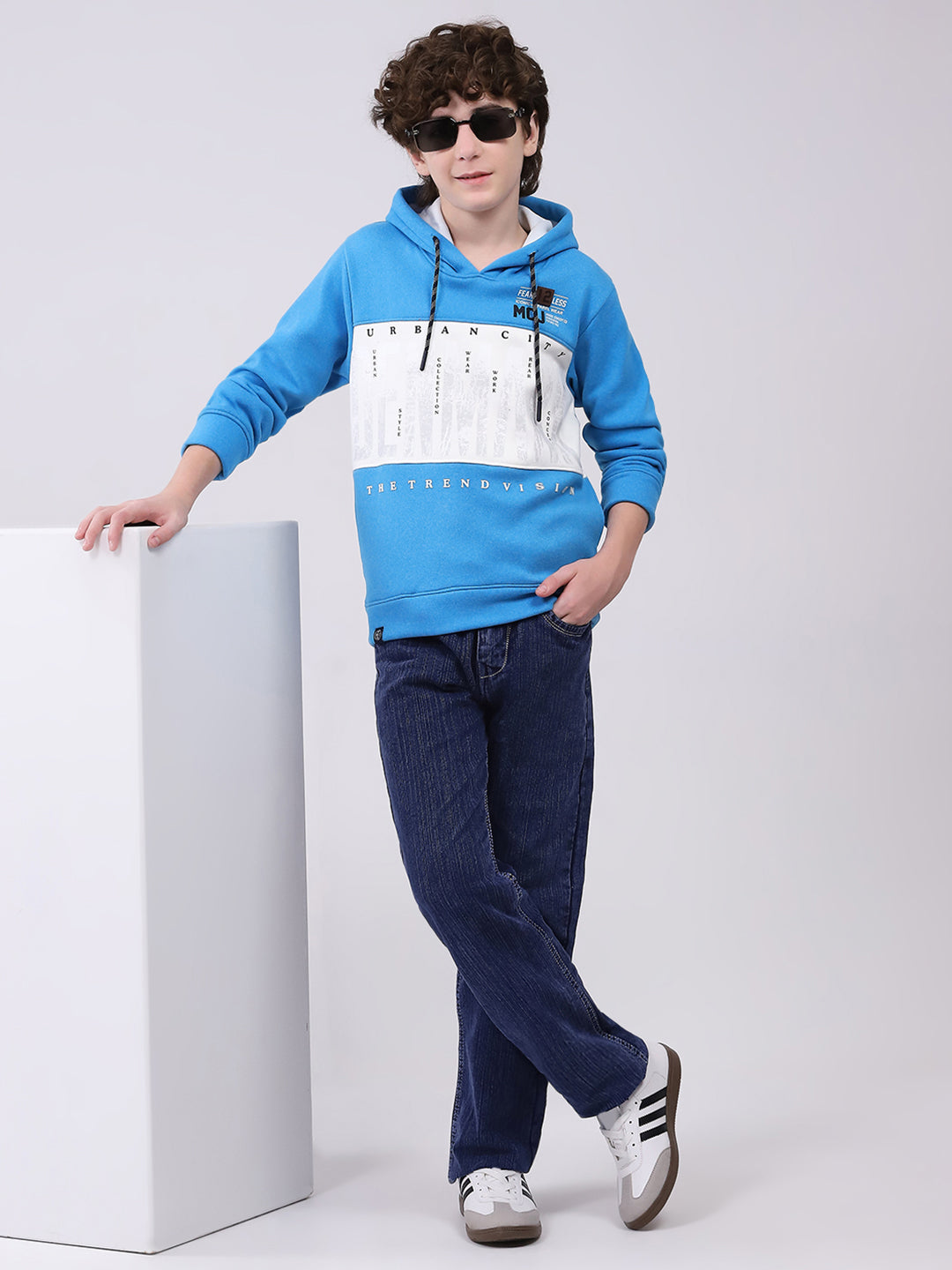 Boys Blue Printed Hooded Full Sleeve Sweatshirt