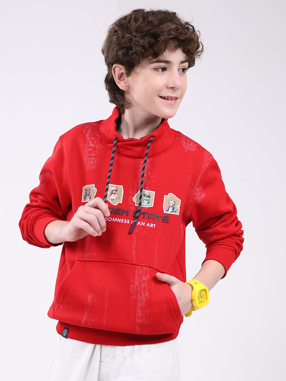 Boys Red Printed Mock Neck Full Sleeve Sweatshirt