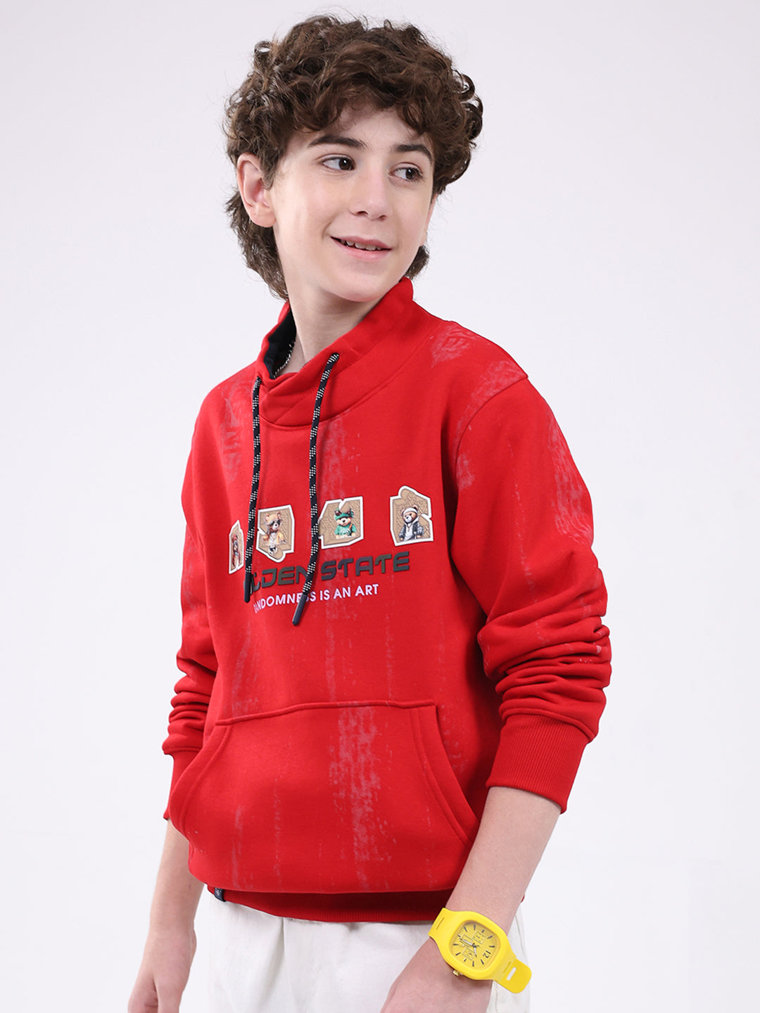 Boys Red Printed Mock Neck Full Sleeve Sweatshirt