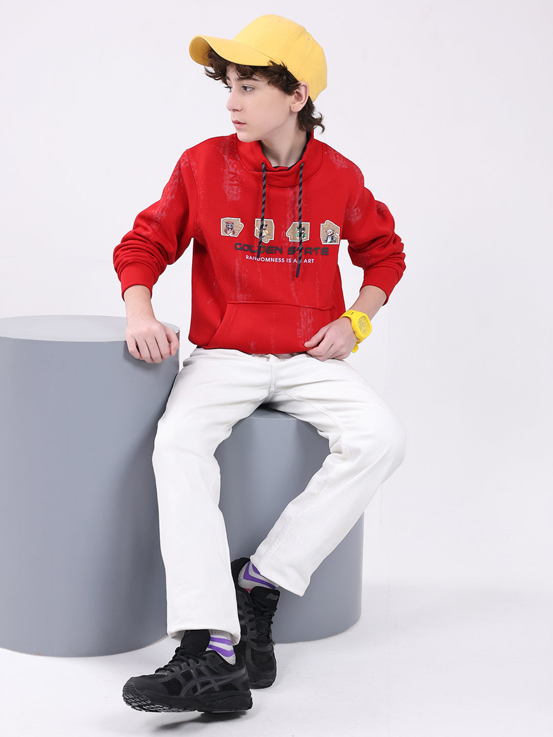 Boys Red Printed Mock Neck Full Sleeve Sweatshirt