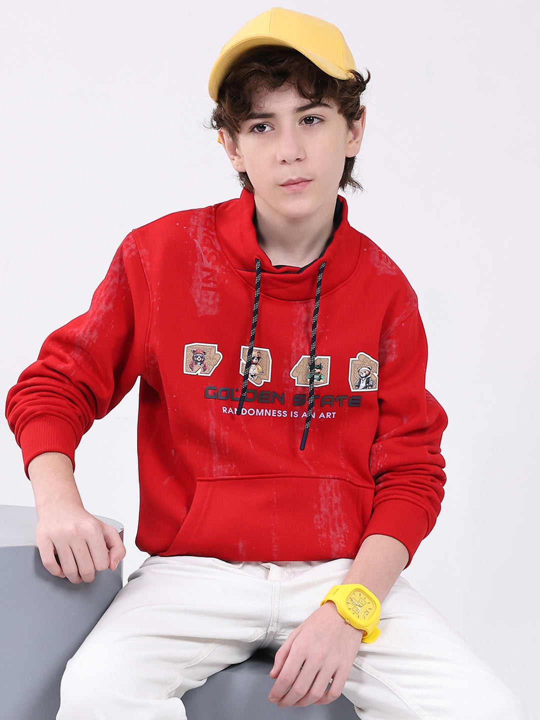 Boys Red Printed Mock Neck Full Sleeve Sweatshirt