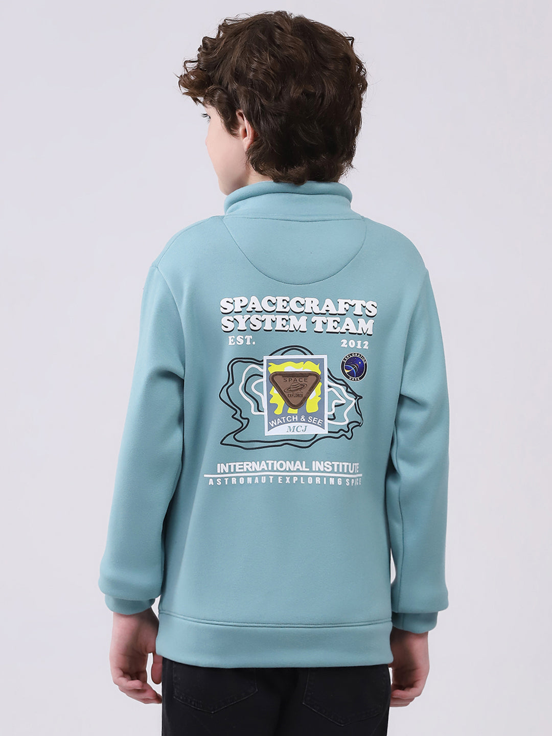 Boys Green Printed Mock Neck Full Sleeve Sweatshirt
