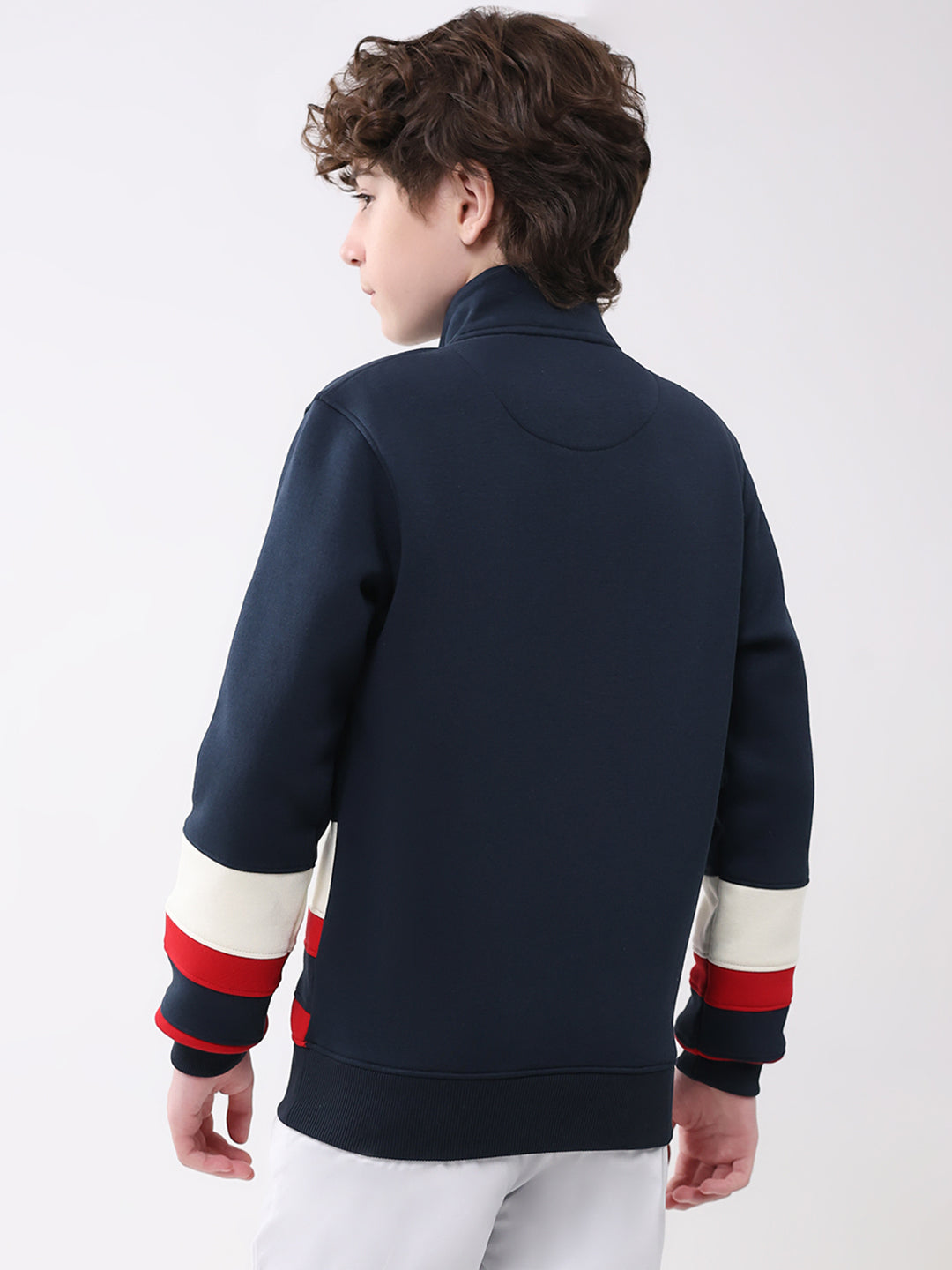 Boys Navy Blue Self Design Mock Neck Full Sleeve Sweatshirt