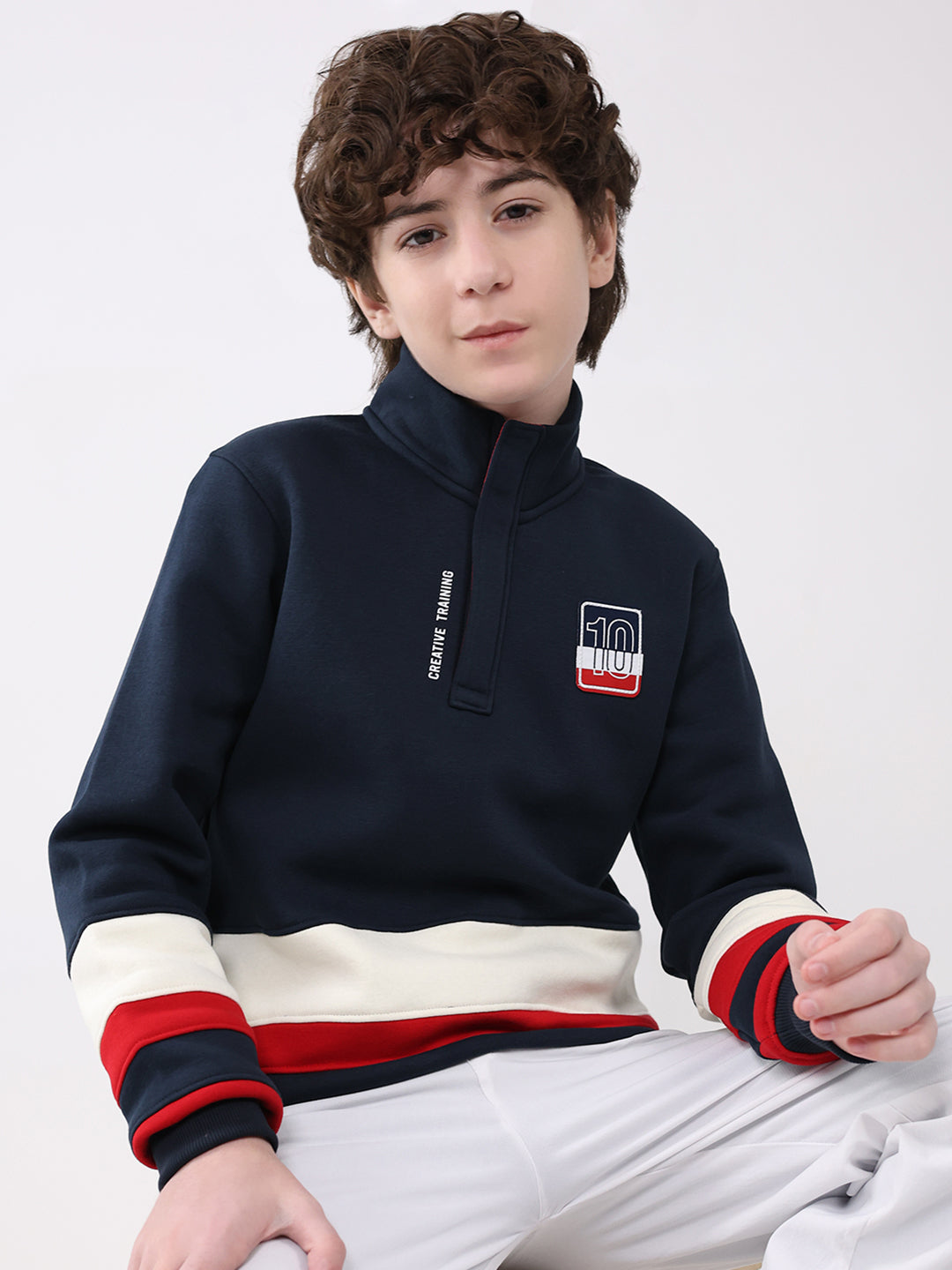 Boys Navy Blue Self Design Mock Neck Full Sleeve Sweatshirt