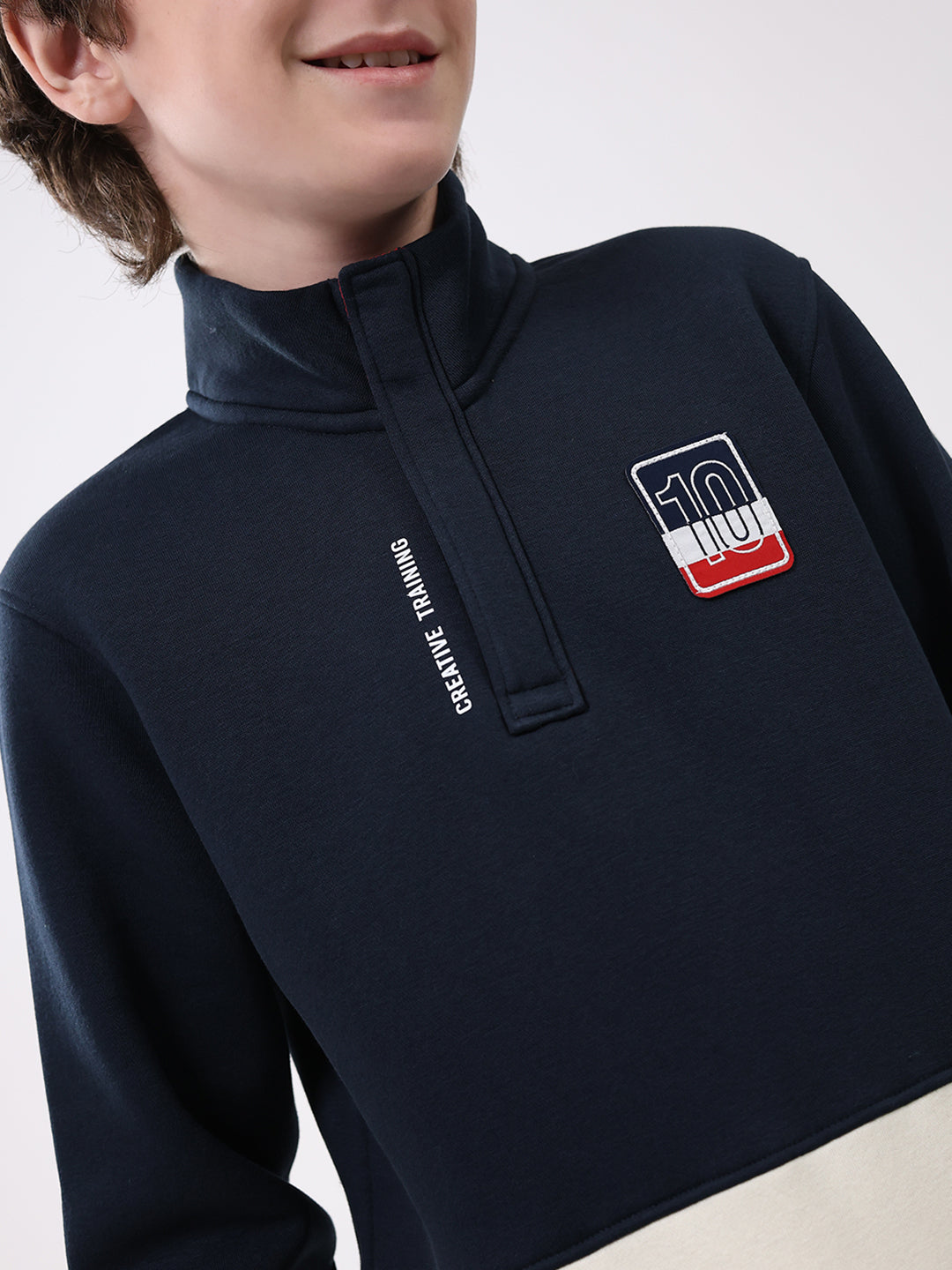Boys Navy Blue Self Design Mock Neck Full Sleeve Sweatshirt